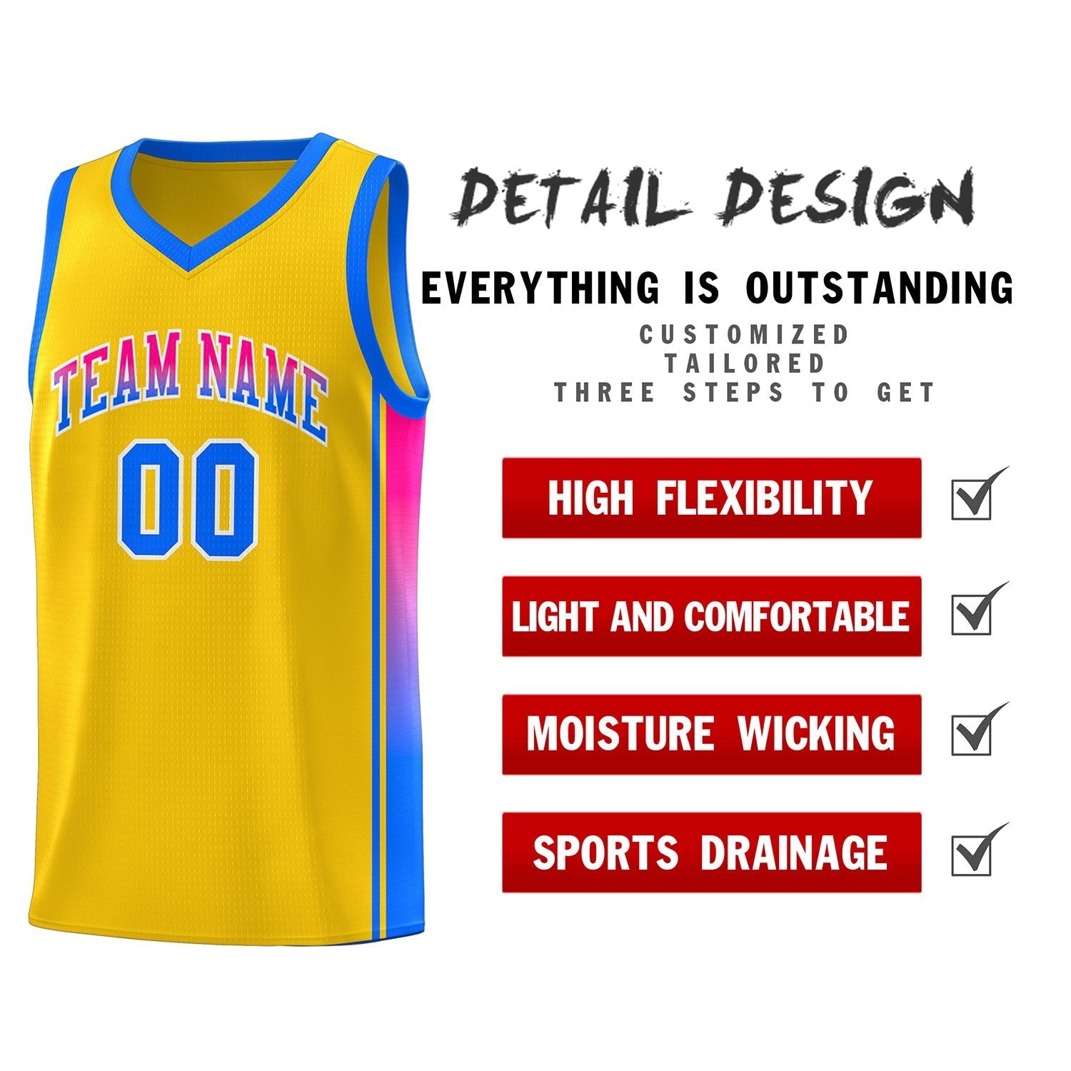 Custom Gold Light Blue-Pink Gradient Fashion Sports Uniform Basketball Jersey