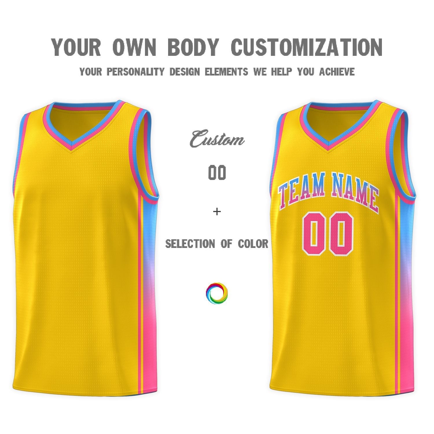 Custom Gold Light Blue-Pink Gradient Fashion Sports Uniform Basketball Jersey