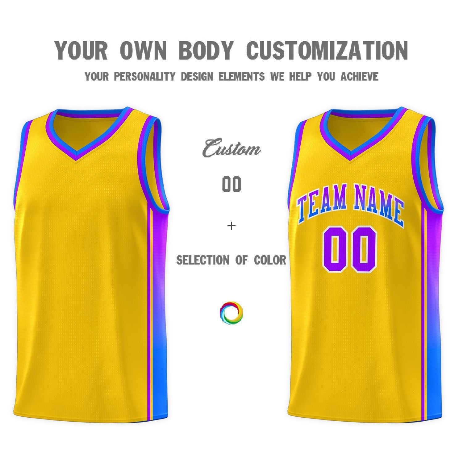 Custom Gold Purple-Light Blue Gradient Fashion Sports Uniform Basketball Jersey