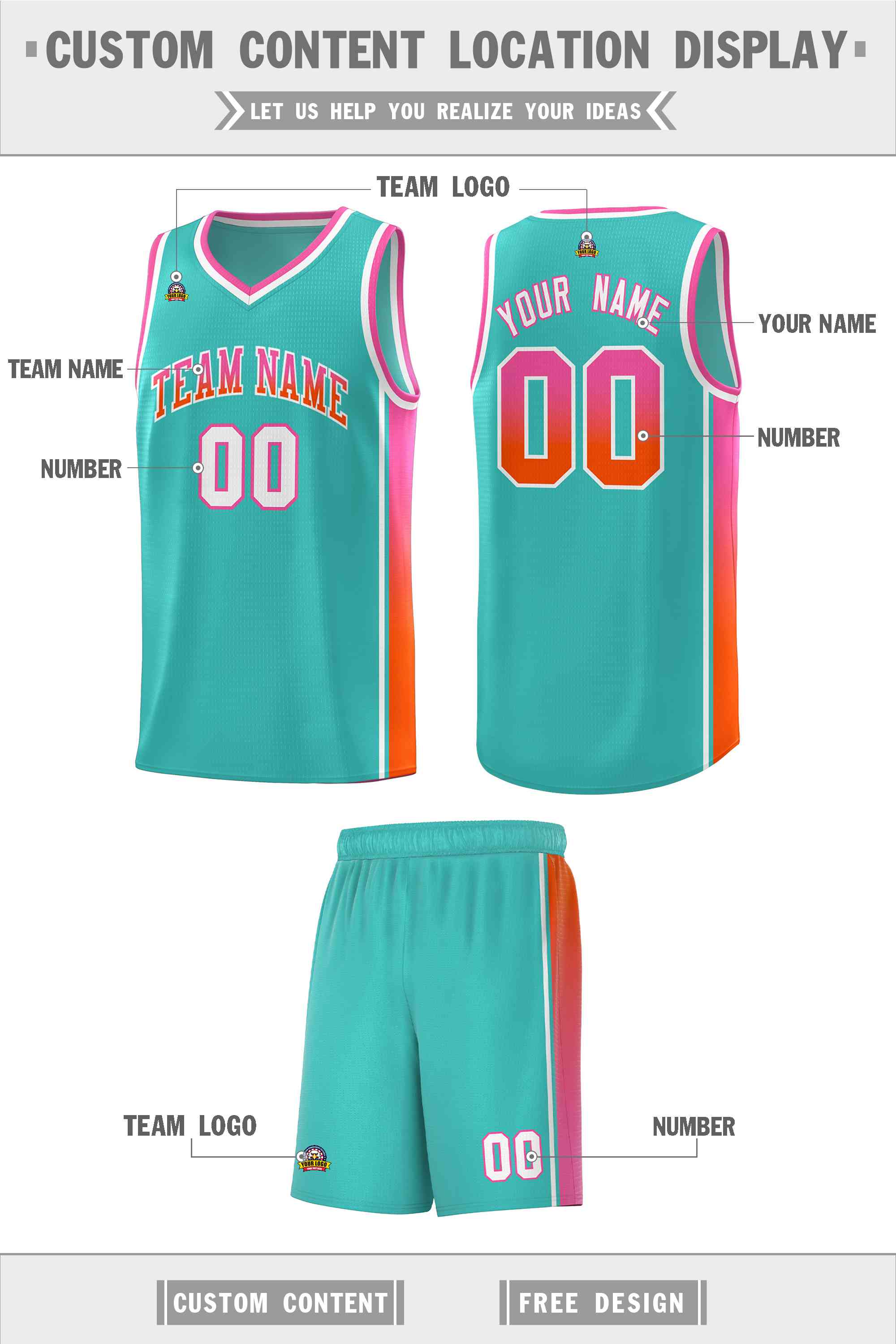 Custom Aqua Pink-Orange Gradient Fashion Sports Uniform Basketball Jersey