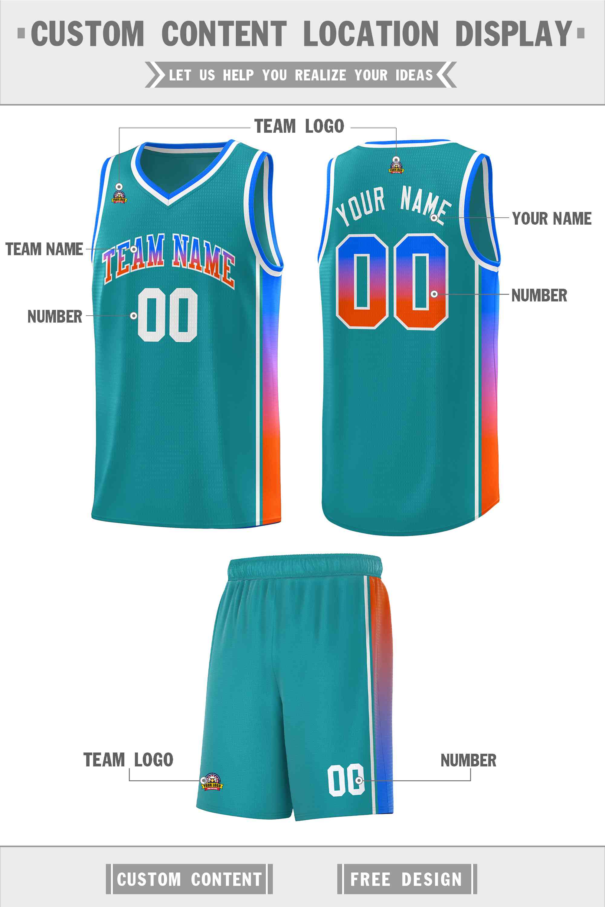 Custom Aqua Pink-Orange Gradient Fashion Sports Uniform Basketball Jersey