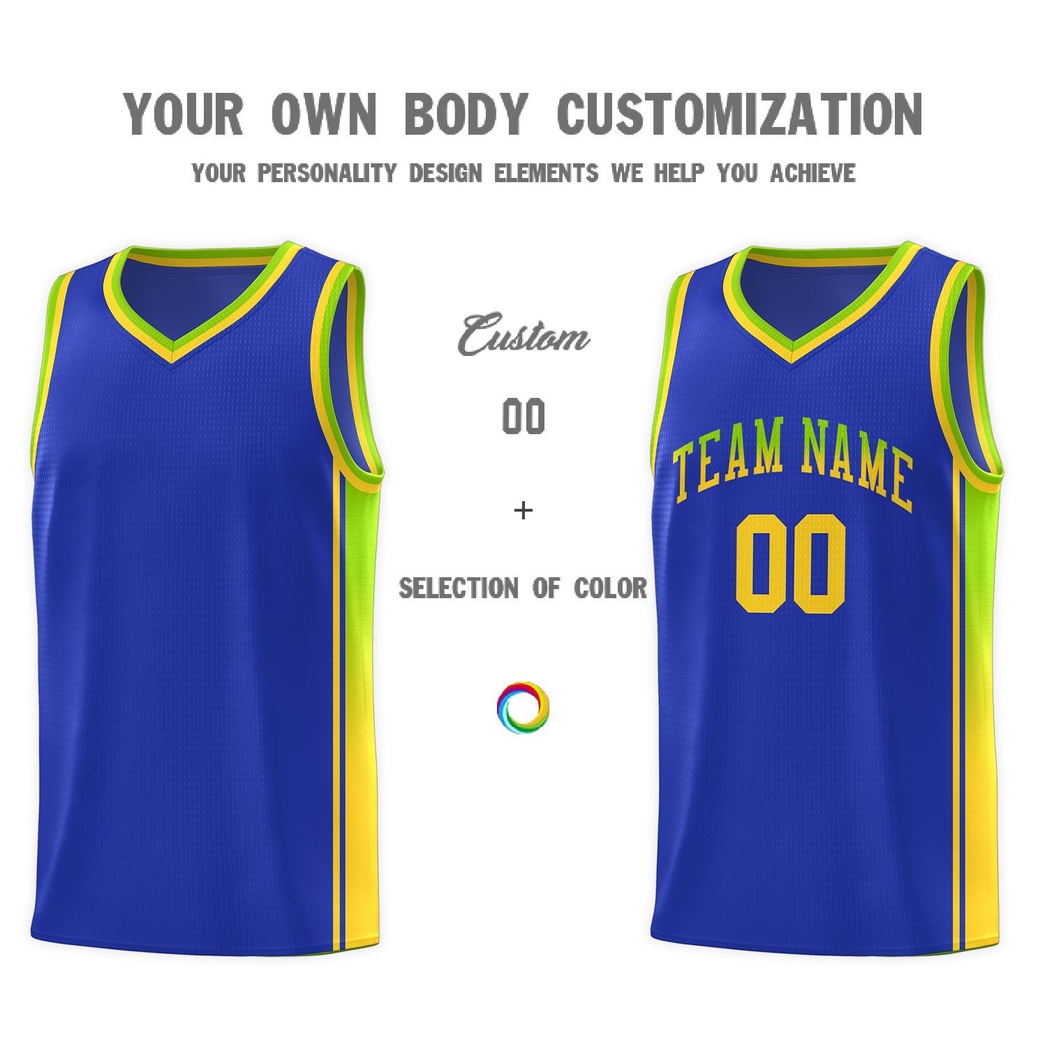 Custom Royal Neon Green-Gold Gradient Fashion Sports Uniform Basketball Jersey