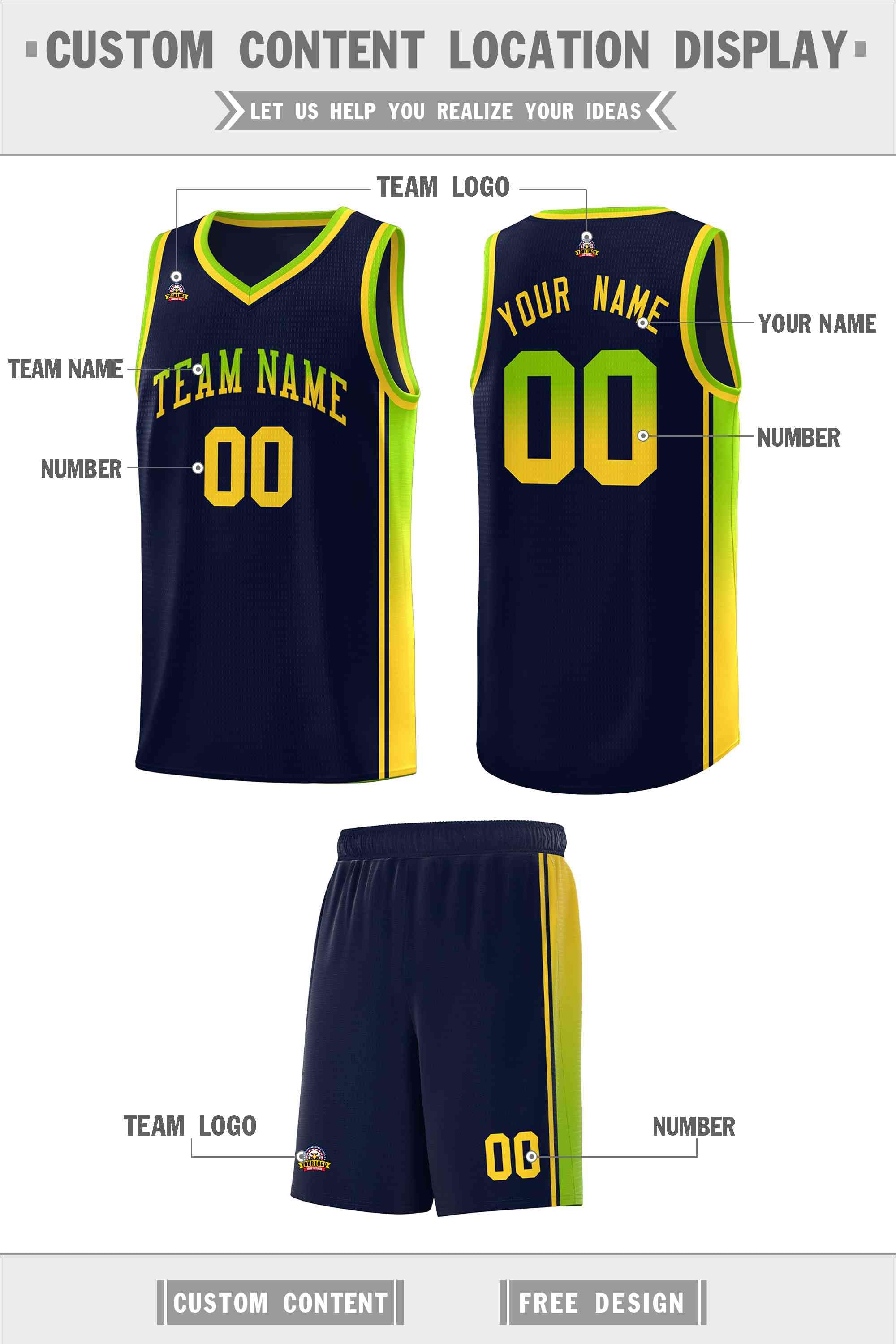 Custom Navy Neon Green-Gold Gradient Fashion Sports Uniform Basketball Jersey