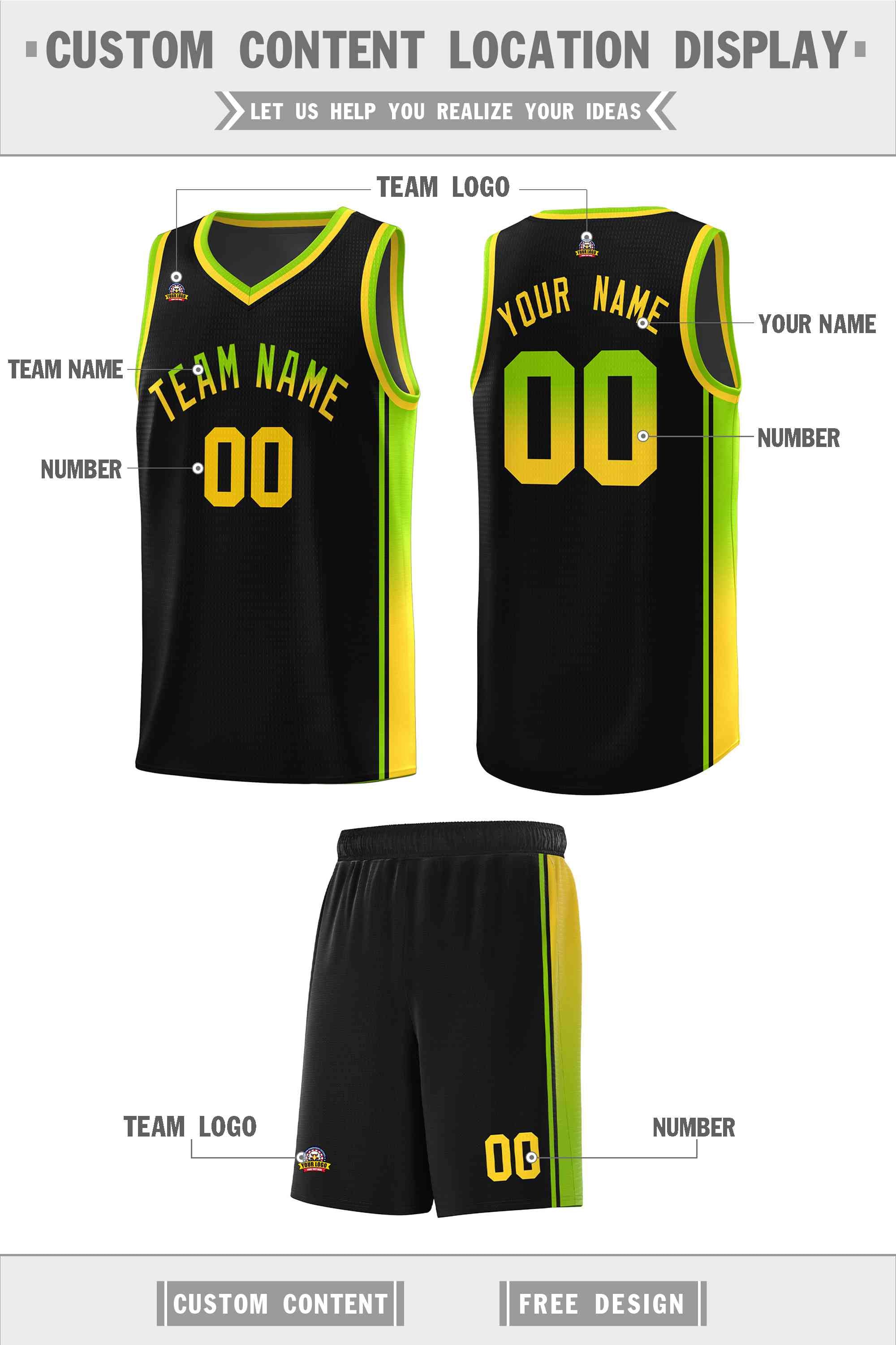 Custom Black Neon Green-Gold Gradient Fashion Sports Uniform Basketball Jersey