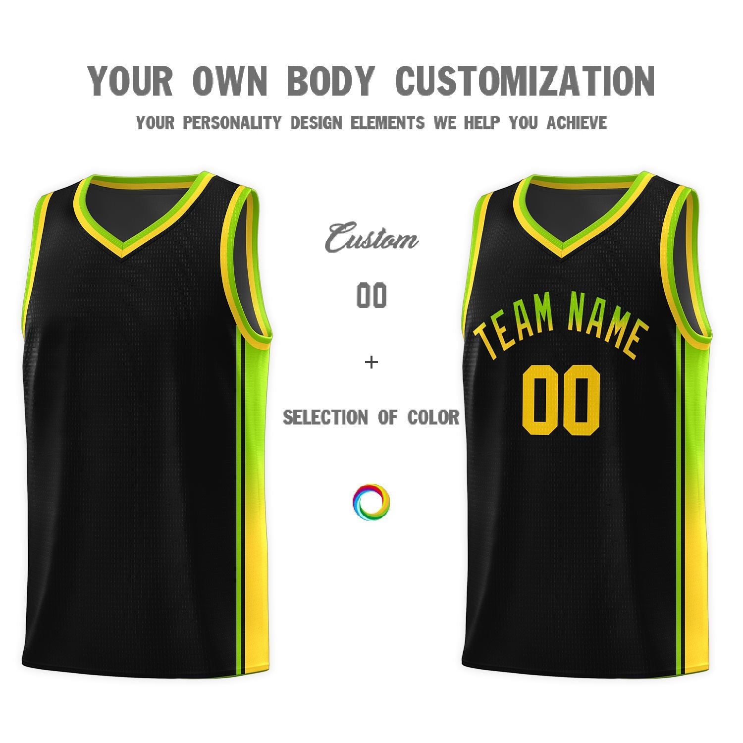 Custom Black Neon Green-Gold Gradient Fashion Sports Uniform Basketball Jersey