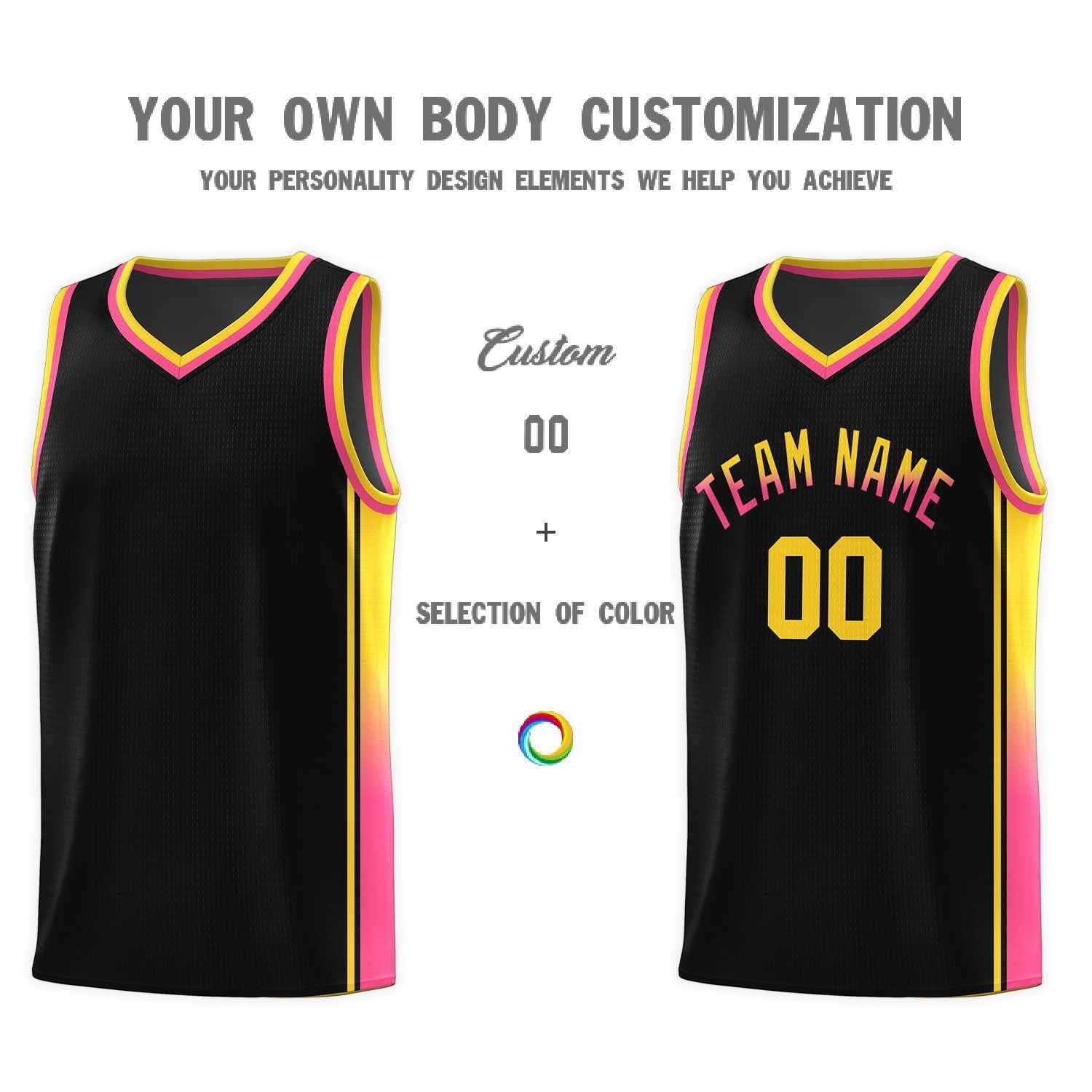 Custom Black Gold-Pink Gradient Fashion Sports Uniform Basketball Jersey