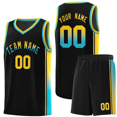 Custom Black Gold-Light Blue Gradient Fashion Sports Uniform Basketball Jersey
