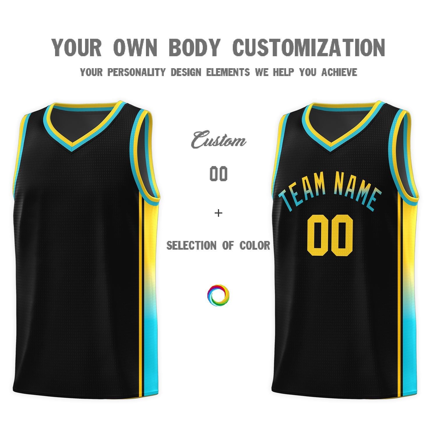 Custom Black Gold-Light Blue Gradient Fashion Sports Uniform Basketball Jersey