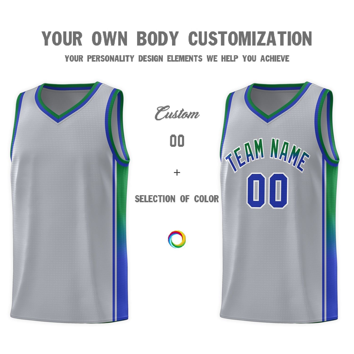 Custom Gray Kelly Green-Royal Gradient Fashion Sports Uniform Basketball Jersey