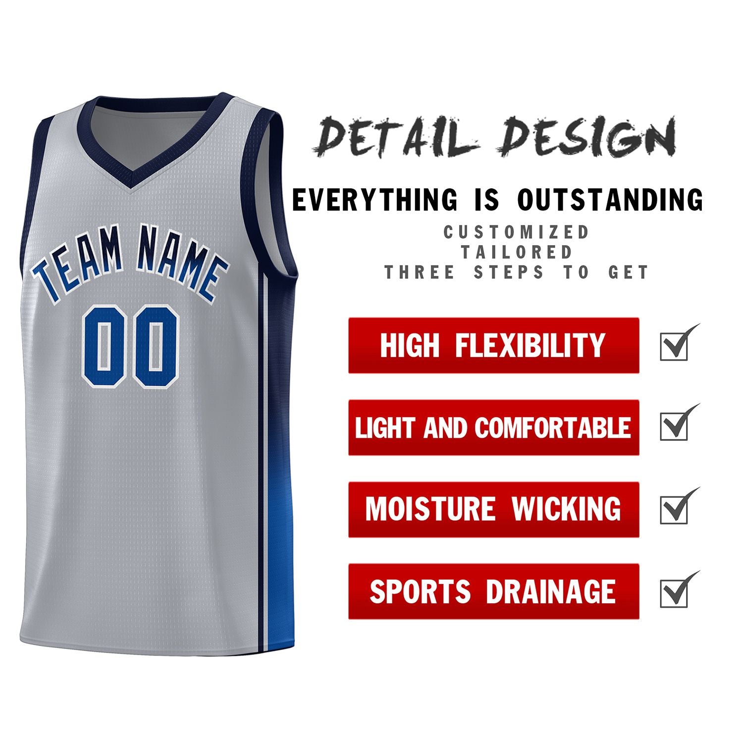 Custom Gray Navy-Royal Gradient Fashion Sports Uniform Basketball Jersey