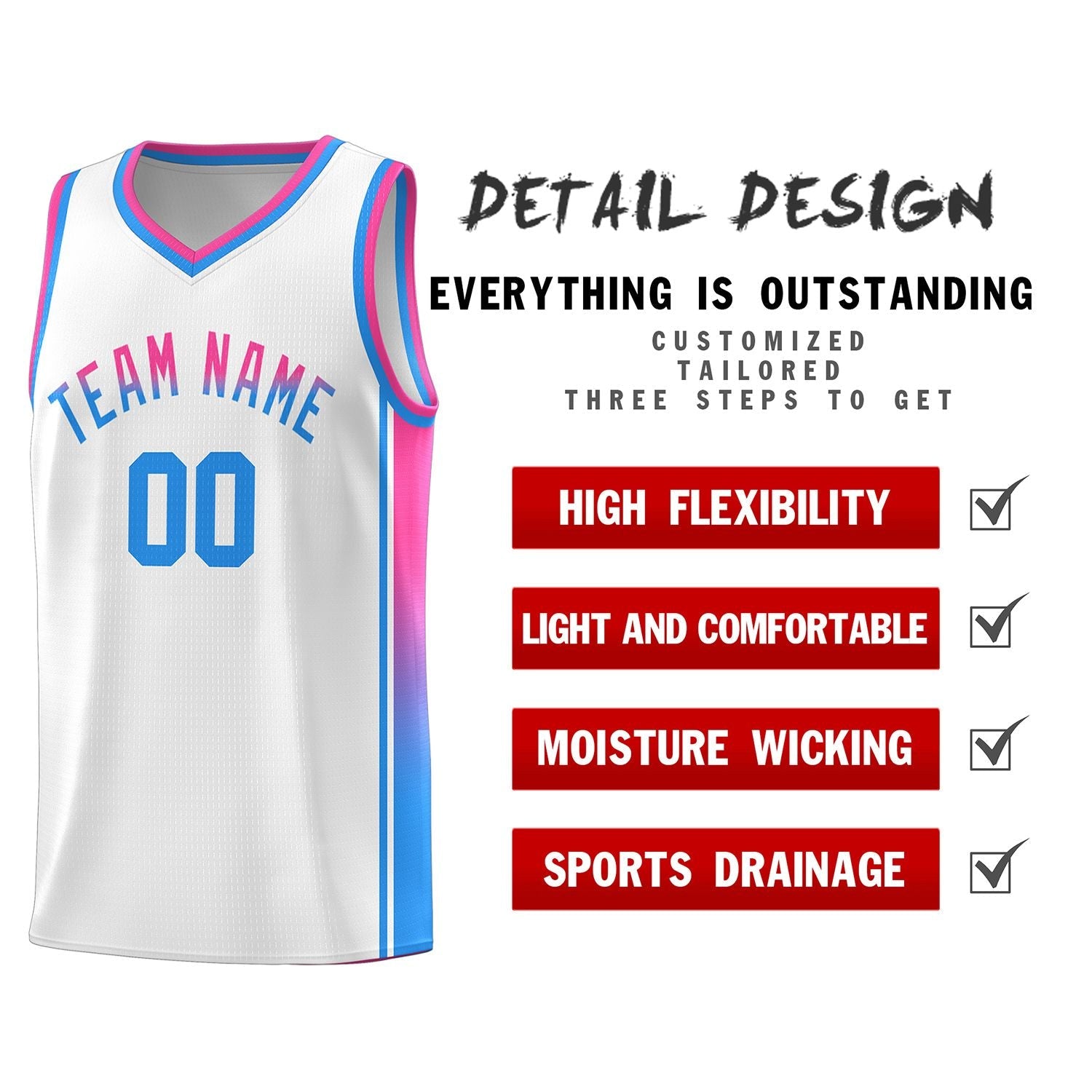 Custom White Pink-Powder Blue Gradient Fashion Sports Uniform Basketball Jersey