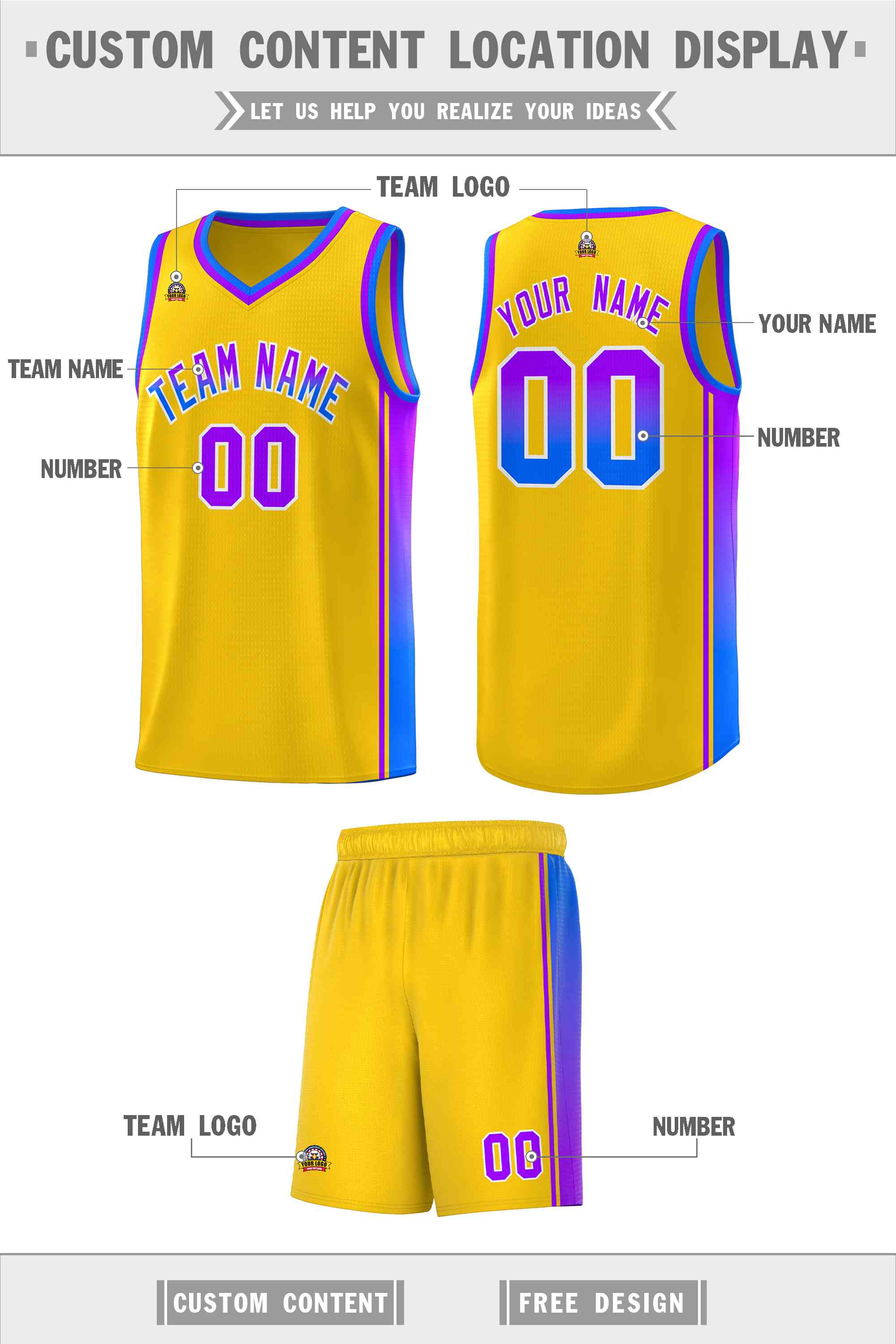 Custom Gold Purple-Light Blue Gradient Fashion Sports Uniform Basketball Jersey