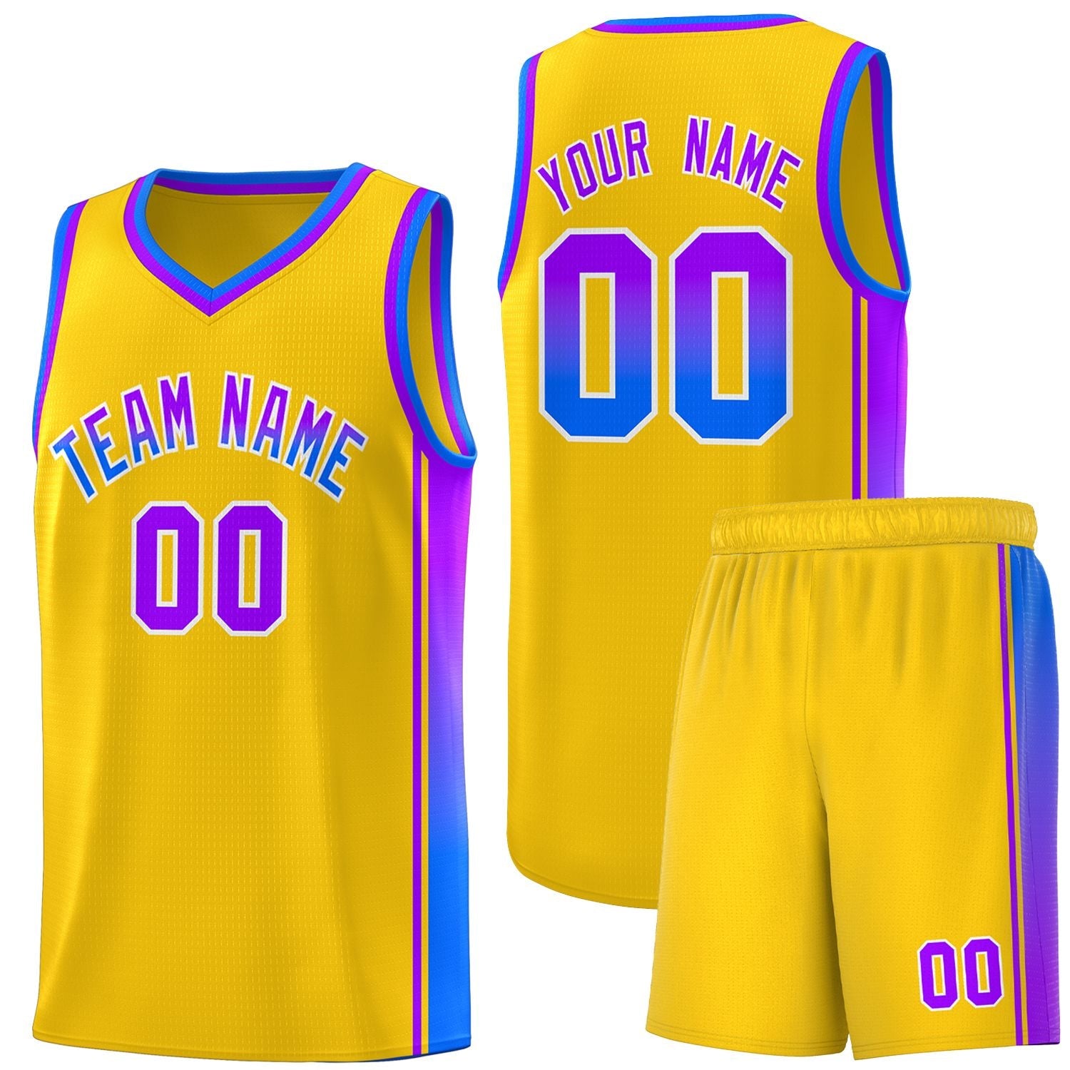 Custom Gold Purple-Light Blue Gradient Fashion Sports Uniform Basketball Jersey