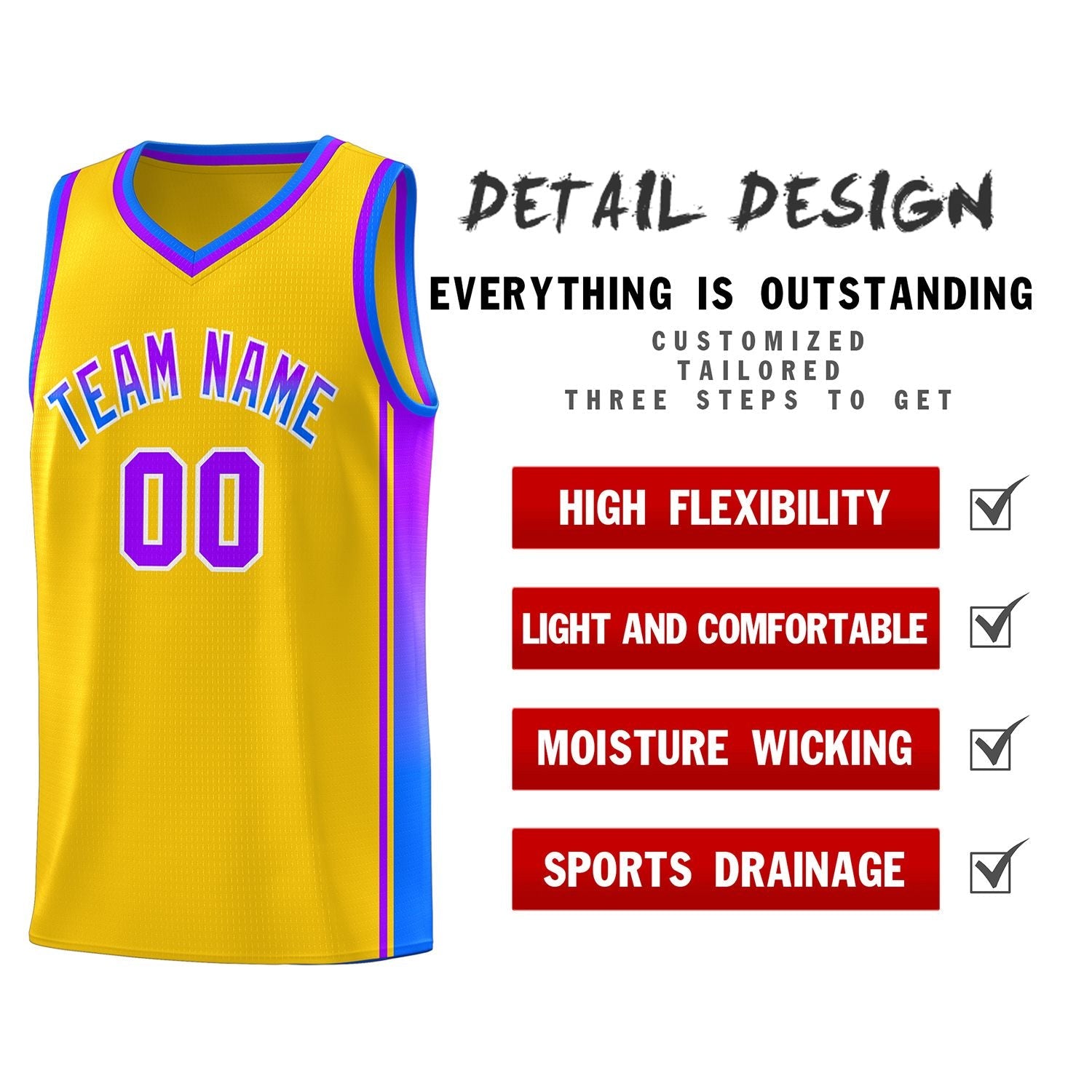 Custom Gold Purple-Light Blue Gradient Fashion Sports Uniform Basketball Jersey