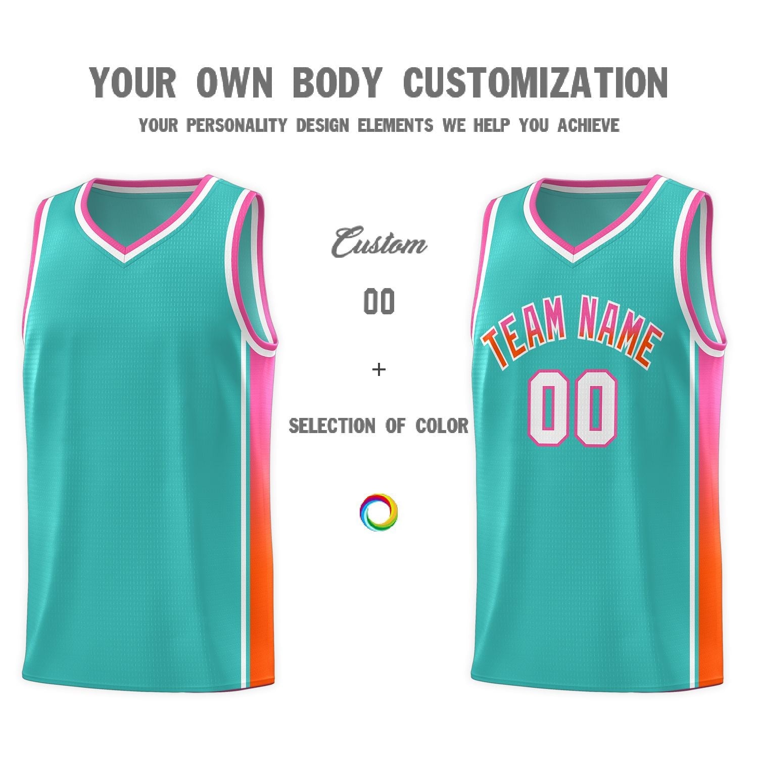 Custom Aqua Pink-Orange Gradient Fashion Sports Uniform Basketball Jersey