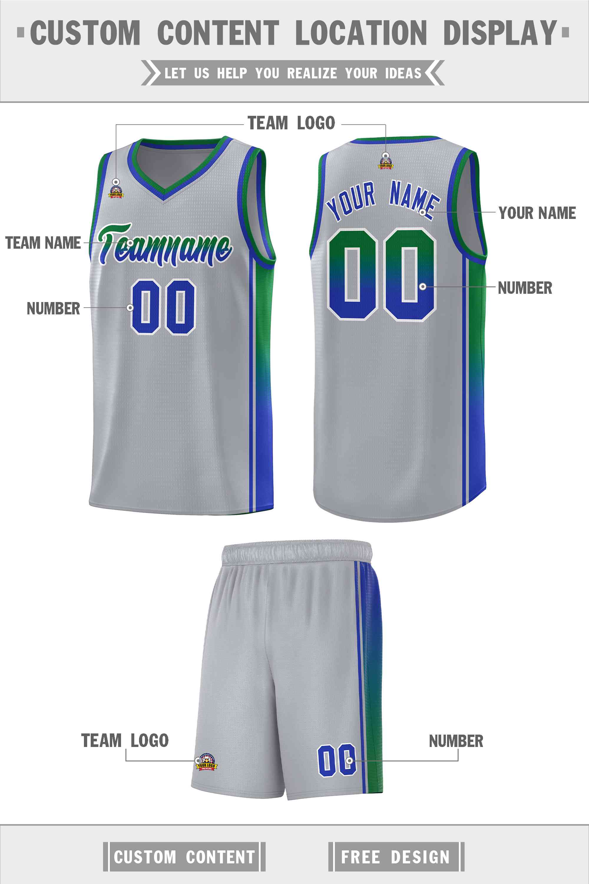 Custom Gray Kelly Green-Royal Gradient Fashion Sports Uniform Basketball Jersey