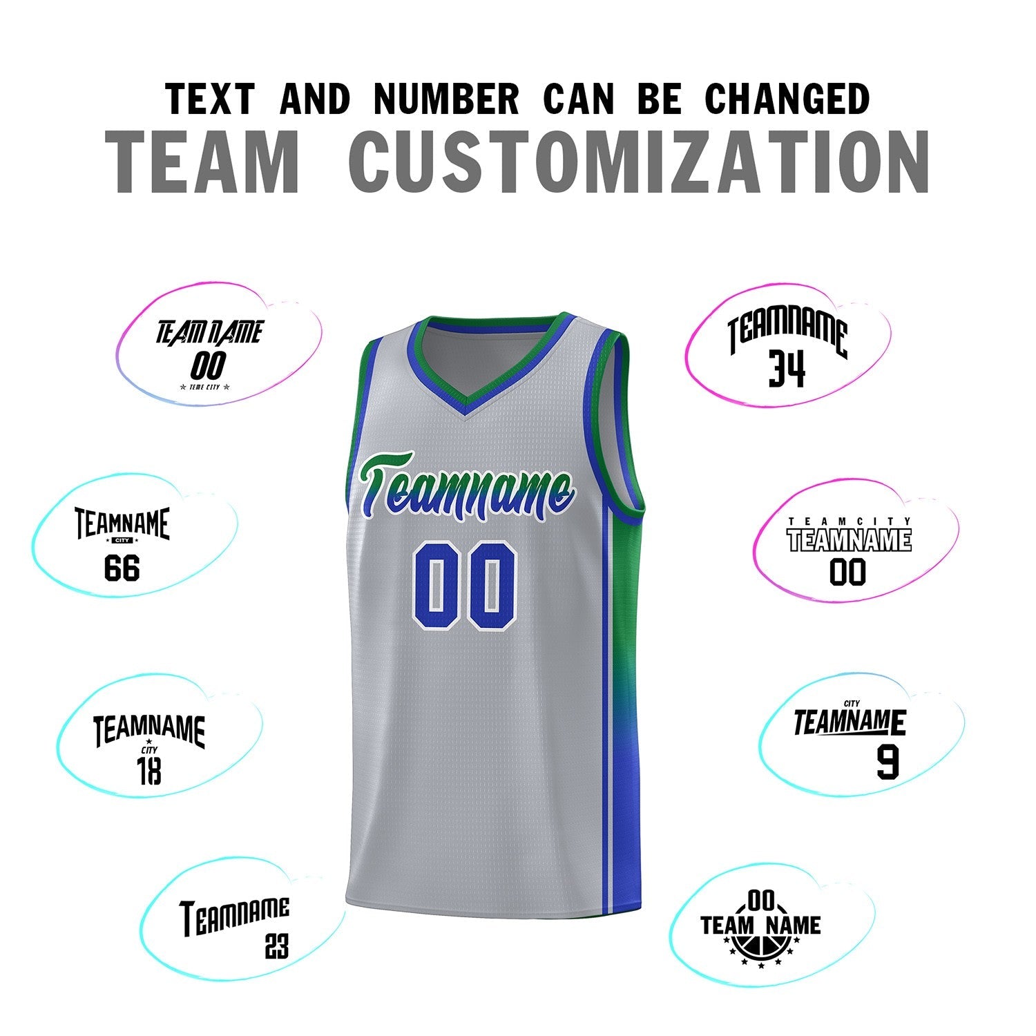 Custom Gray Kelly Green-Royal Gradient Fashion Sports Uniform Basketball Jersey