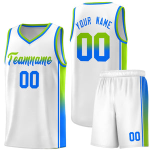 Custom White Neon Green-Light Blue Gradient Fashion Sports Uniform Basketball Jersey