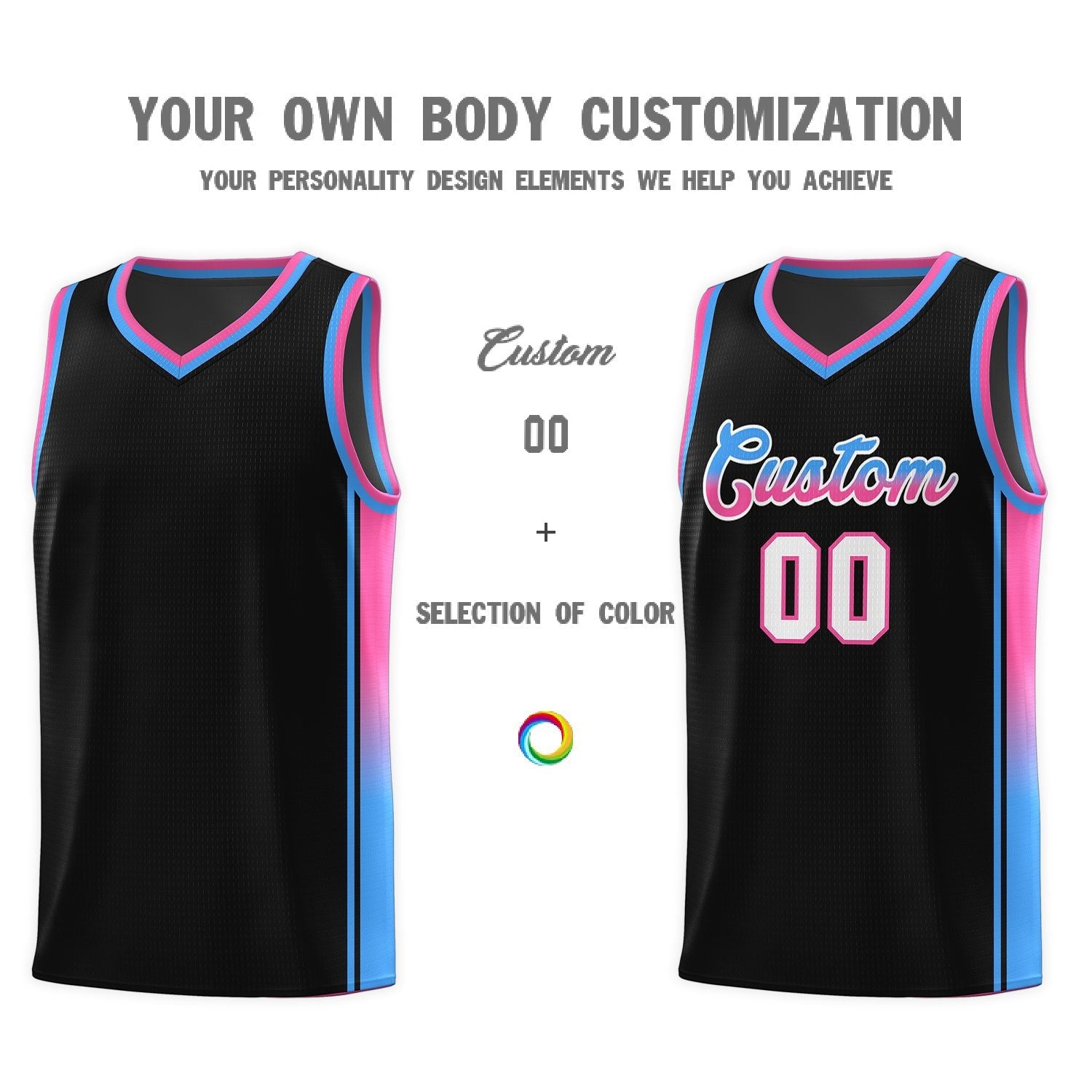 Custom Black Powder Blue-Pink Gradient Fashion Sports Uniform Basketball Jersey