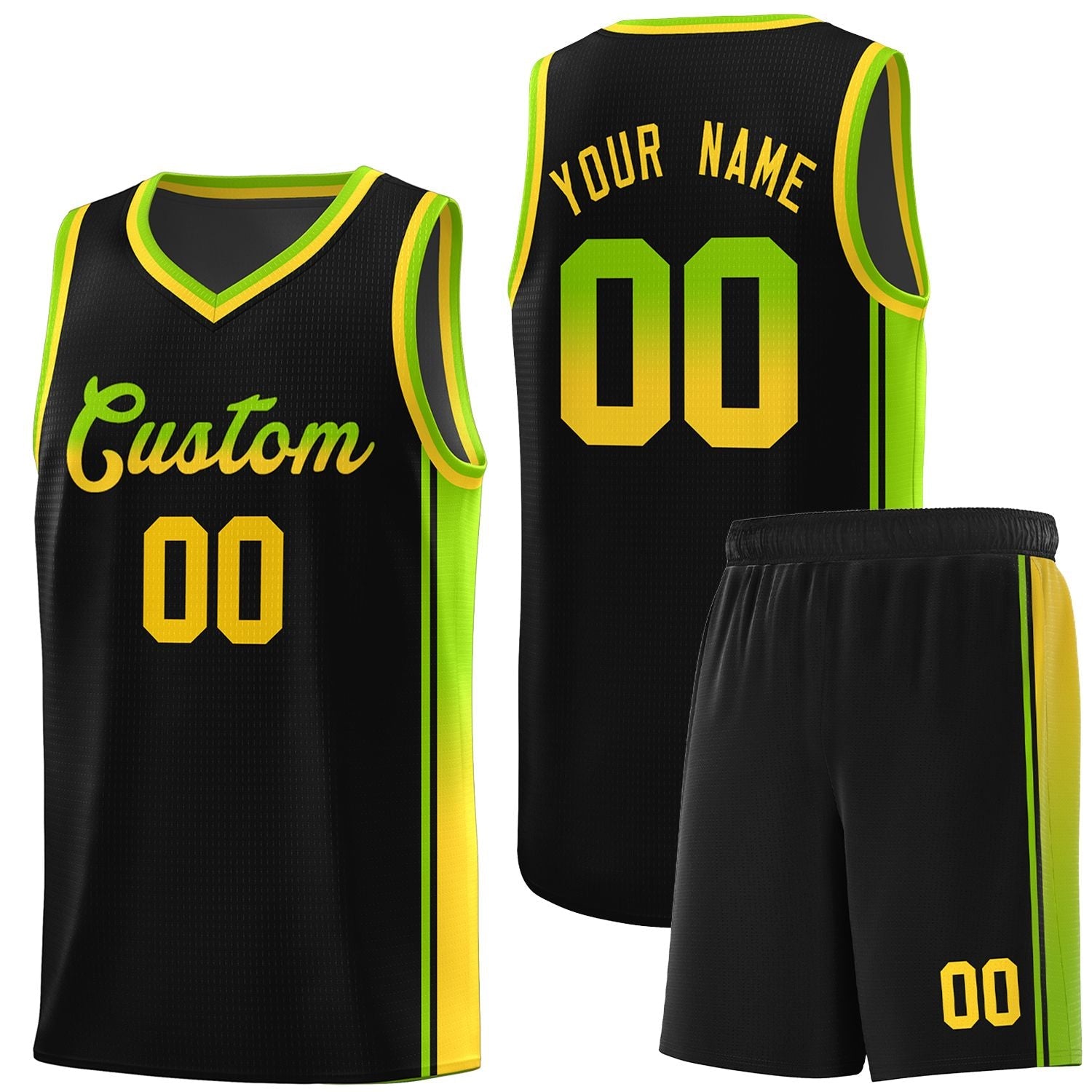 Custom Black Neon Green-Gold Gradient Fashion Sports Uniform Basketball Jersey