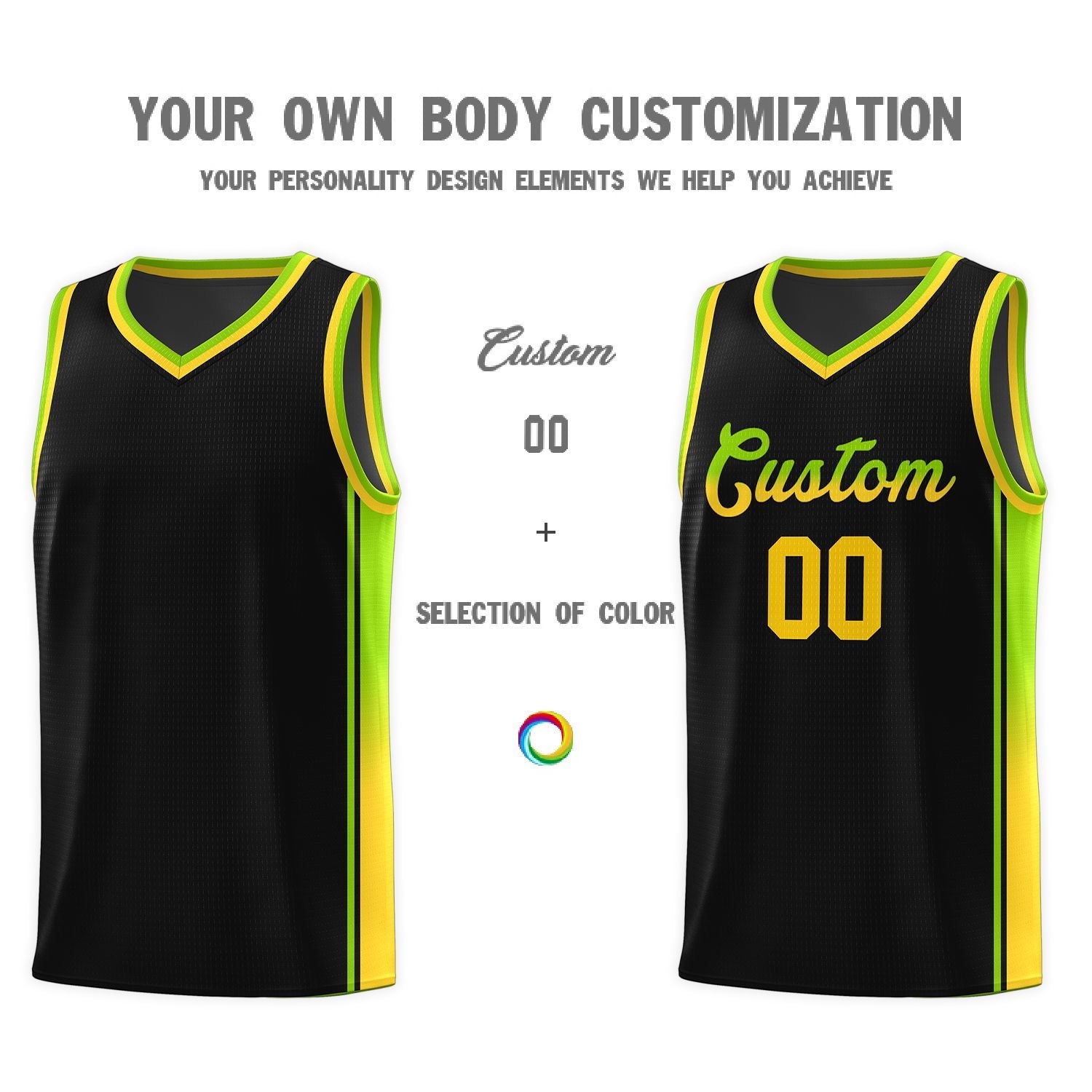 Custom Black Neon Green-Gold Gradient Fashion Sports Uniform Basketball Jersey