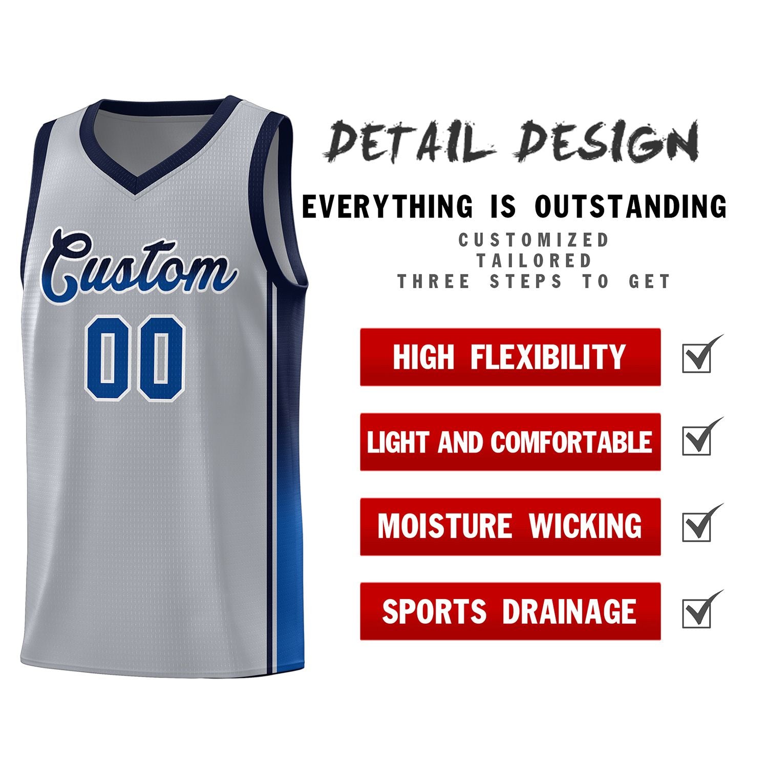 Custom Gray Navy-Royal Gradient Fashion Sports Uniform Basketball Jersey