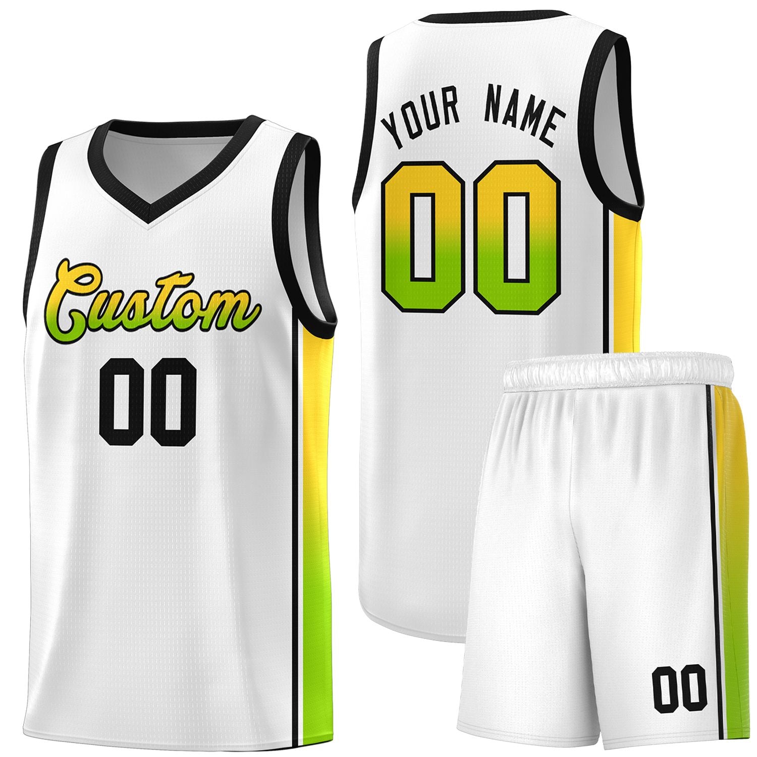 Custom White Gold-Neon Green Gradient Fashion Sports Uniform Basketball Jersey