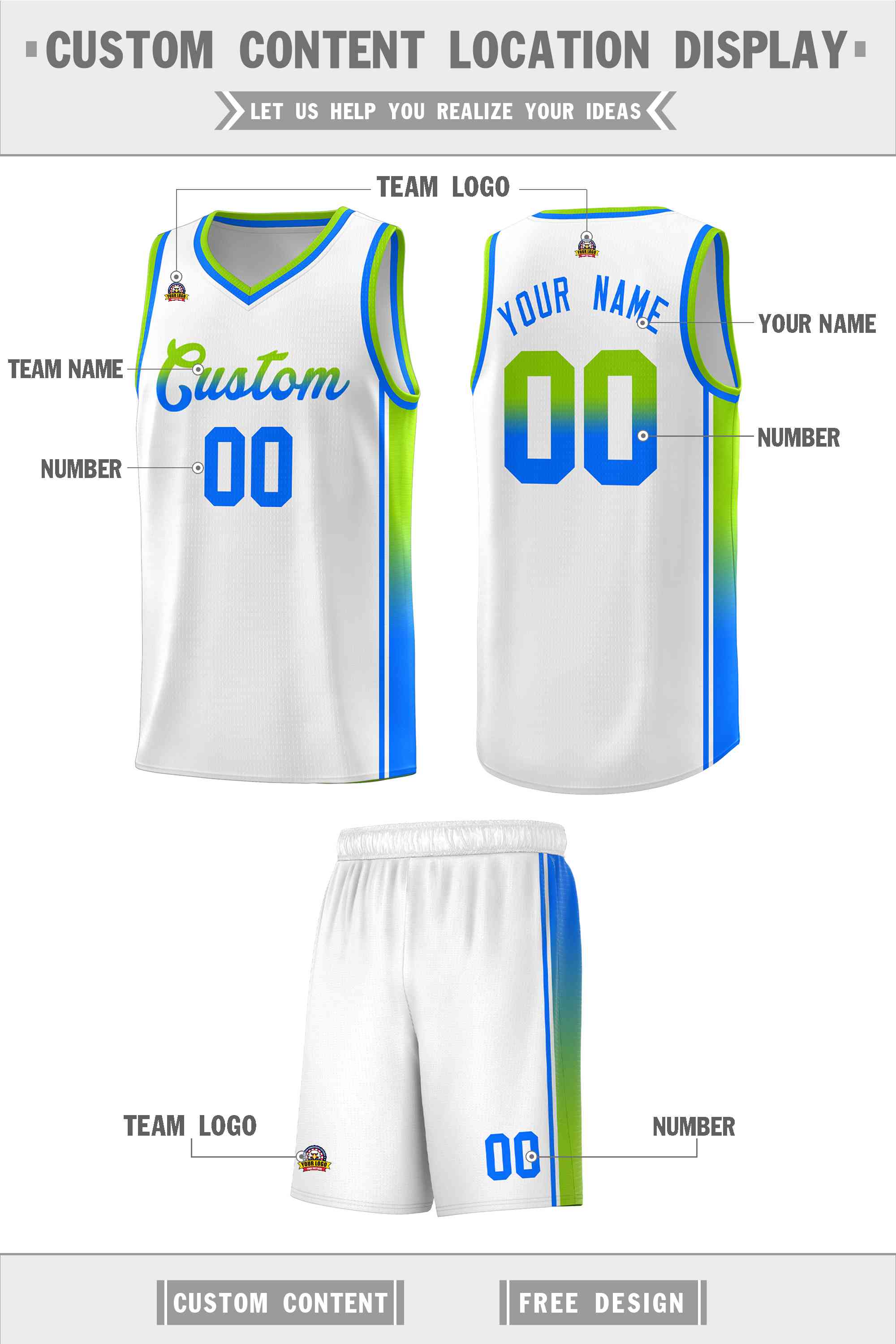 Custom White Neon Green-Light Blue Gradient Fashion Sports Uniform Basketball Jersey