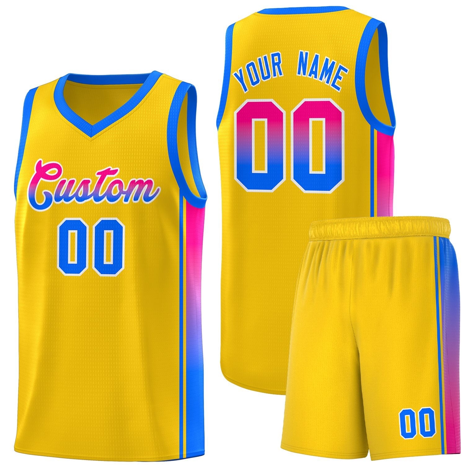 Custom Gold Light Blue-Pink Gradient Fashion Sports Uniform Basketball Jersey