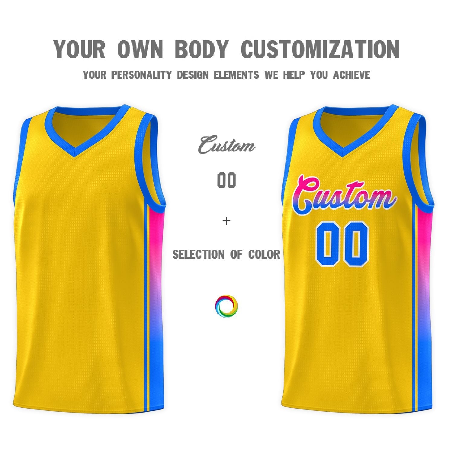 Custom Gold Light Blue-Pink Gradient Fashion Sports Uniform Basketball Jersey