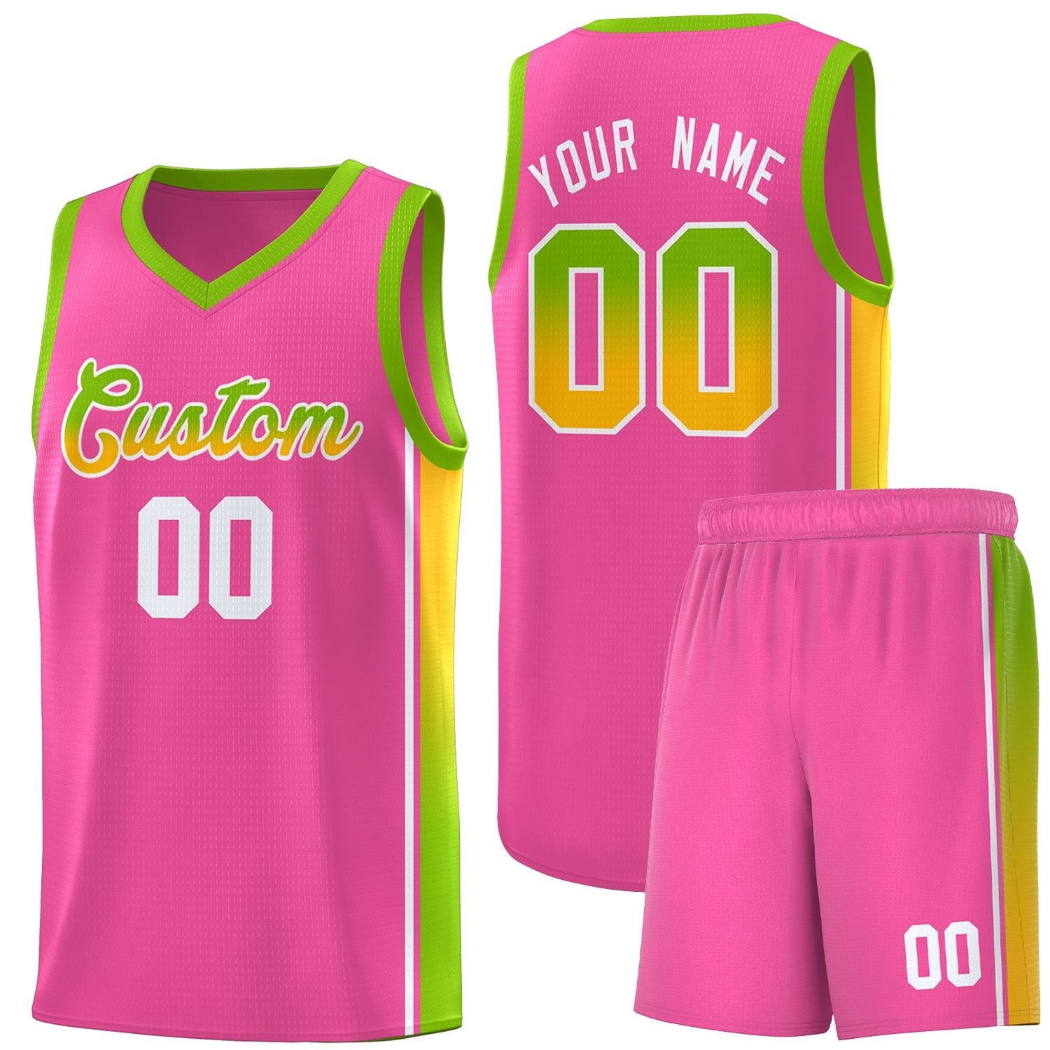 Custom Pink Neon Green-Gold Gradient Fashion Sports Uniform Basketball Jersey