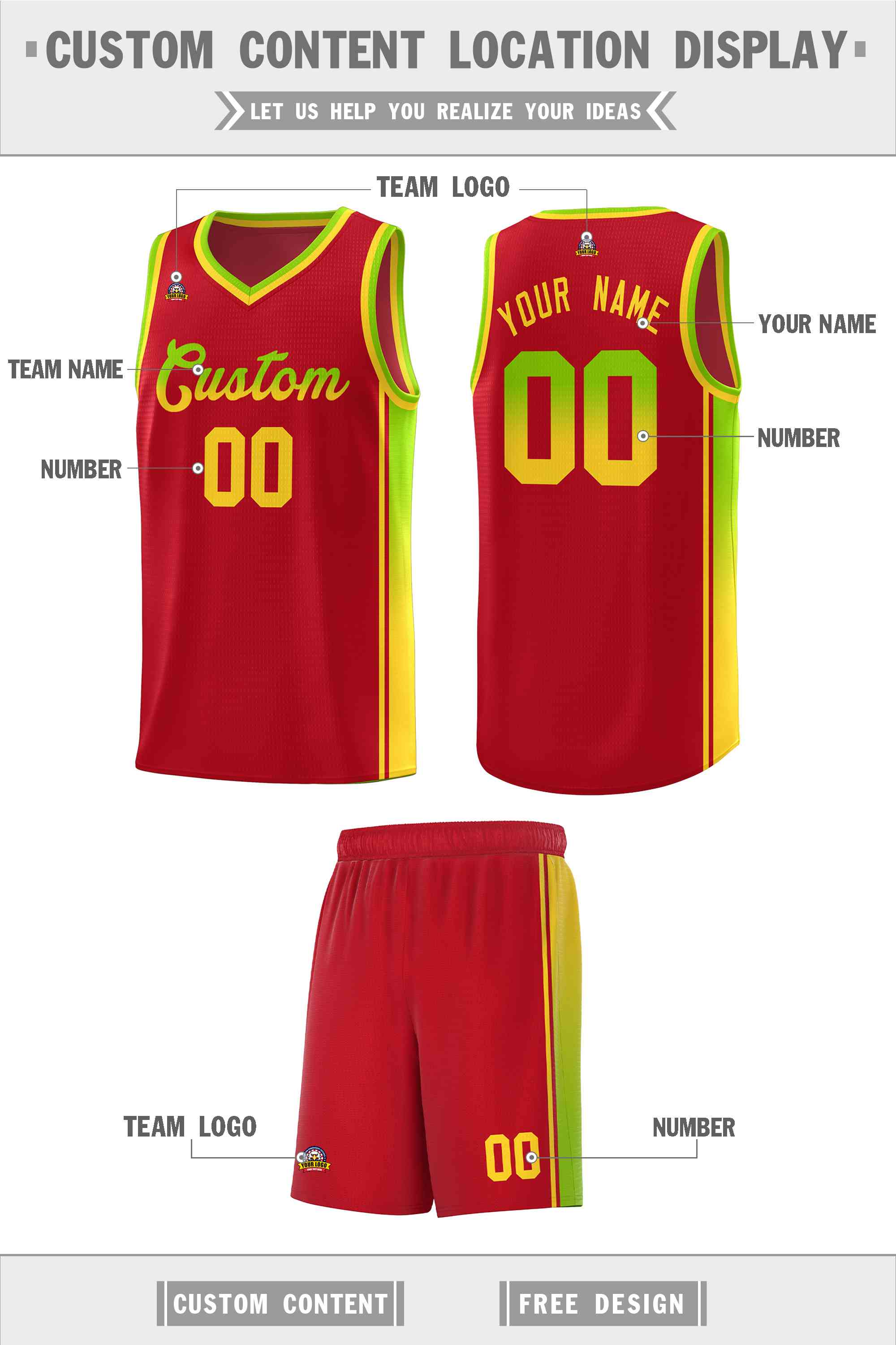 Custom Red Neon Green-Gold Gradient Fashion Sports Uniform Basketball Jersey