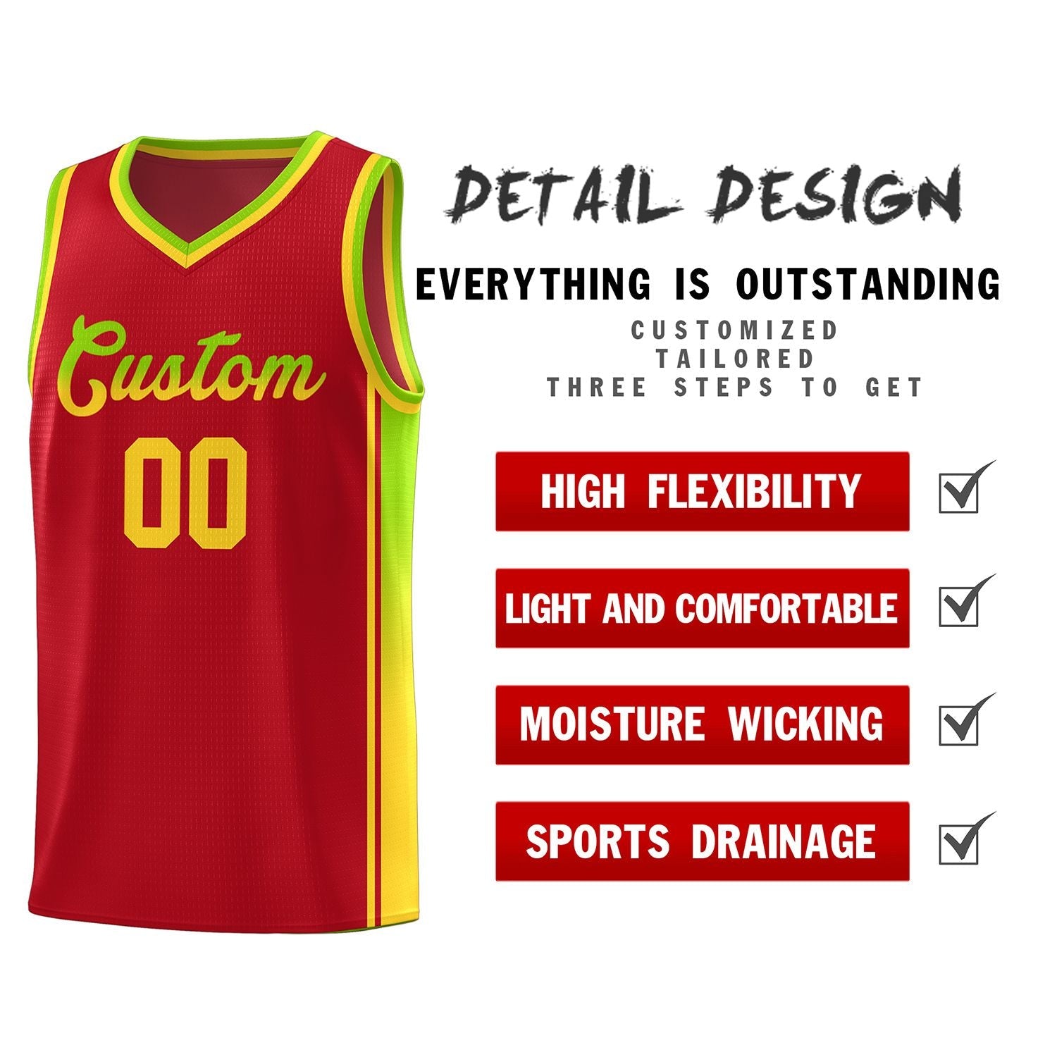 Custom Red Neon Green-Gold Gradient Fashion Sports Uniform Basketball Jersey