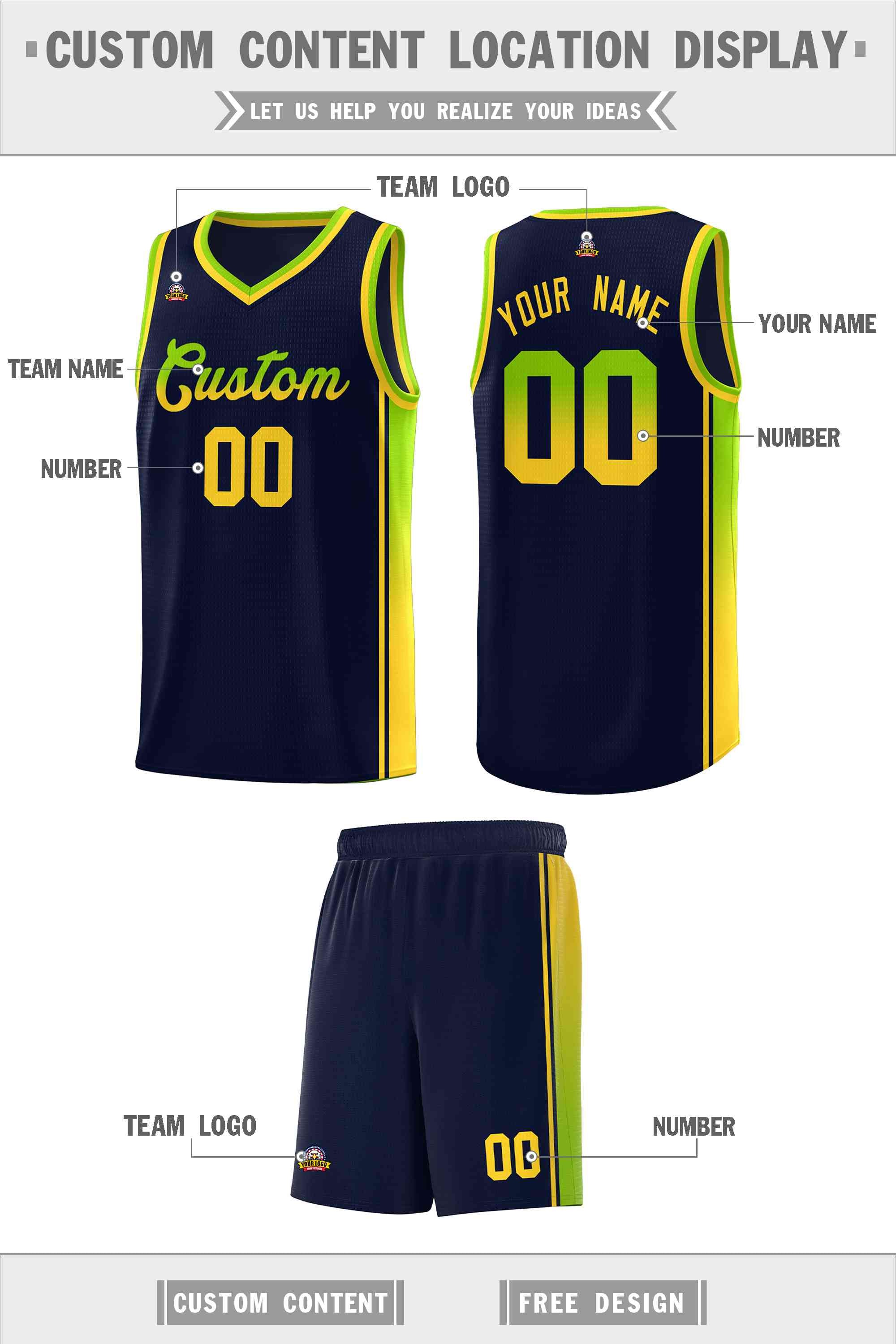 Custom Navy Neon Green-Gold Gradient Fashion Sports Uniform Basketball Jersey