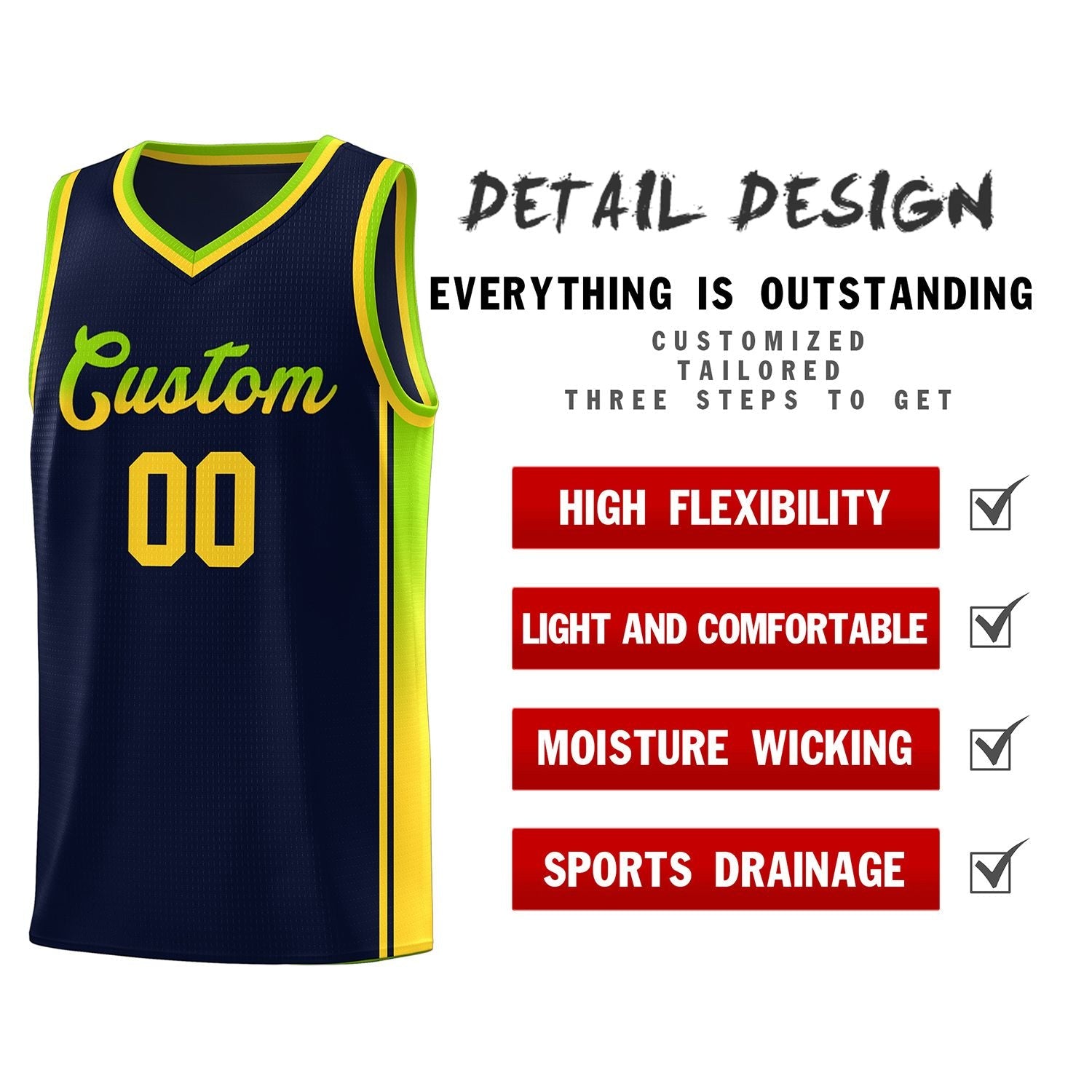 Custom Navy Neon Green-Gold Gradient Fashion Sports Uniform Basketball Jersey