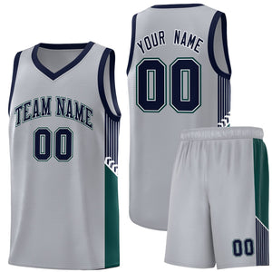 Custom Gray Navy-White Side Stripe Fashion Sports Uniform Basketball Jersey