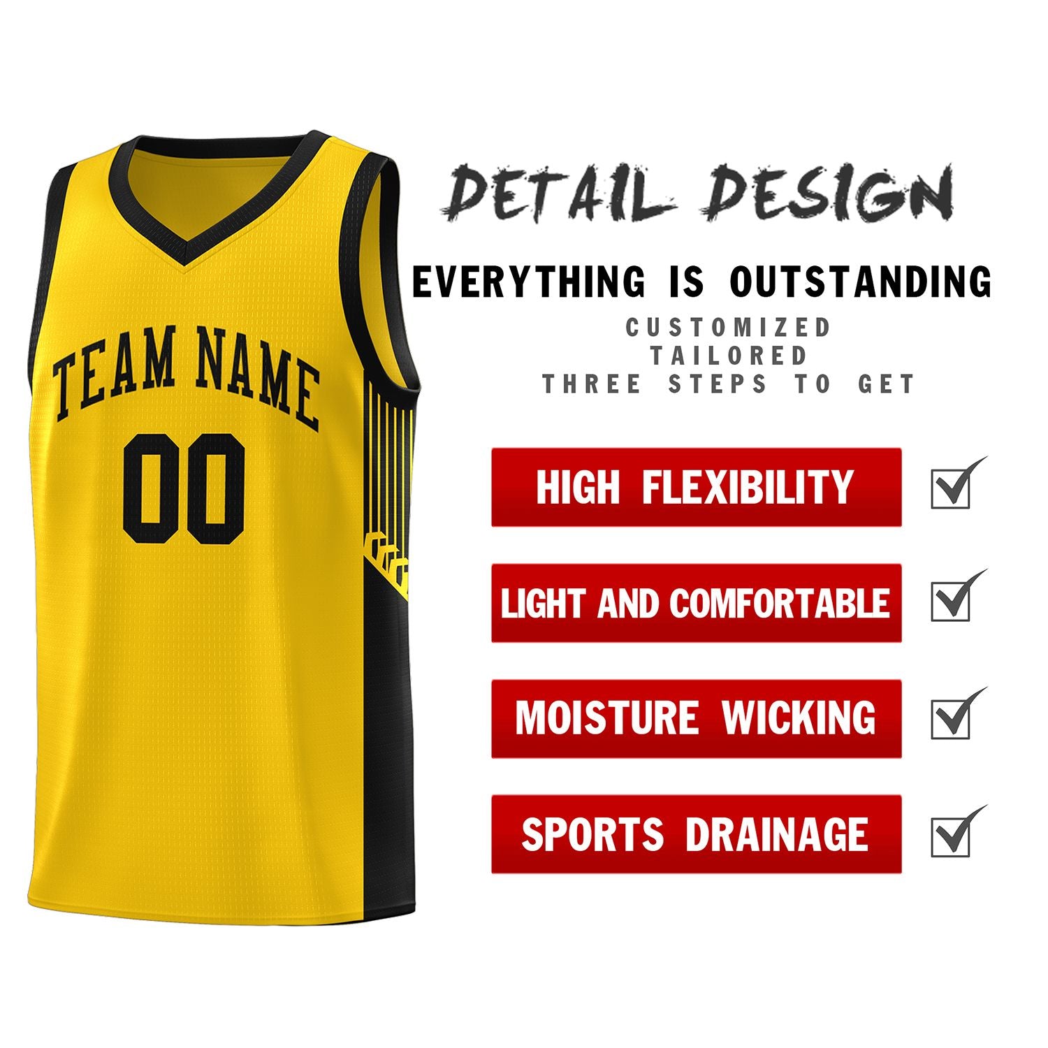 Custom Gold Black Side Stripe Fashion Sports Uniform Basketball Jersey