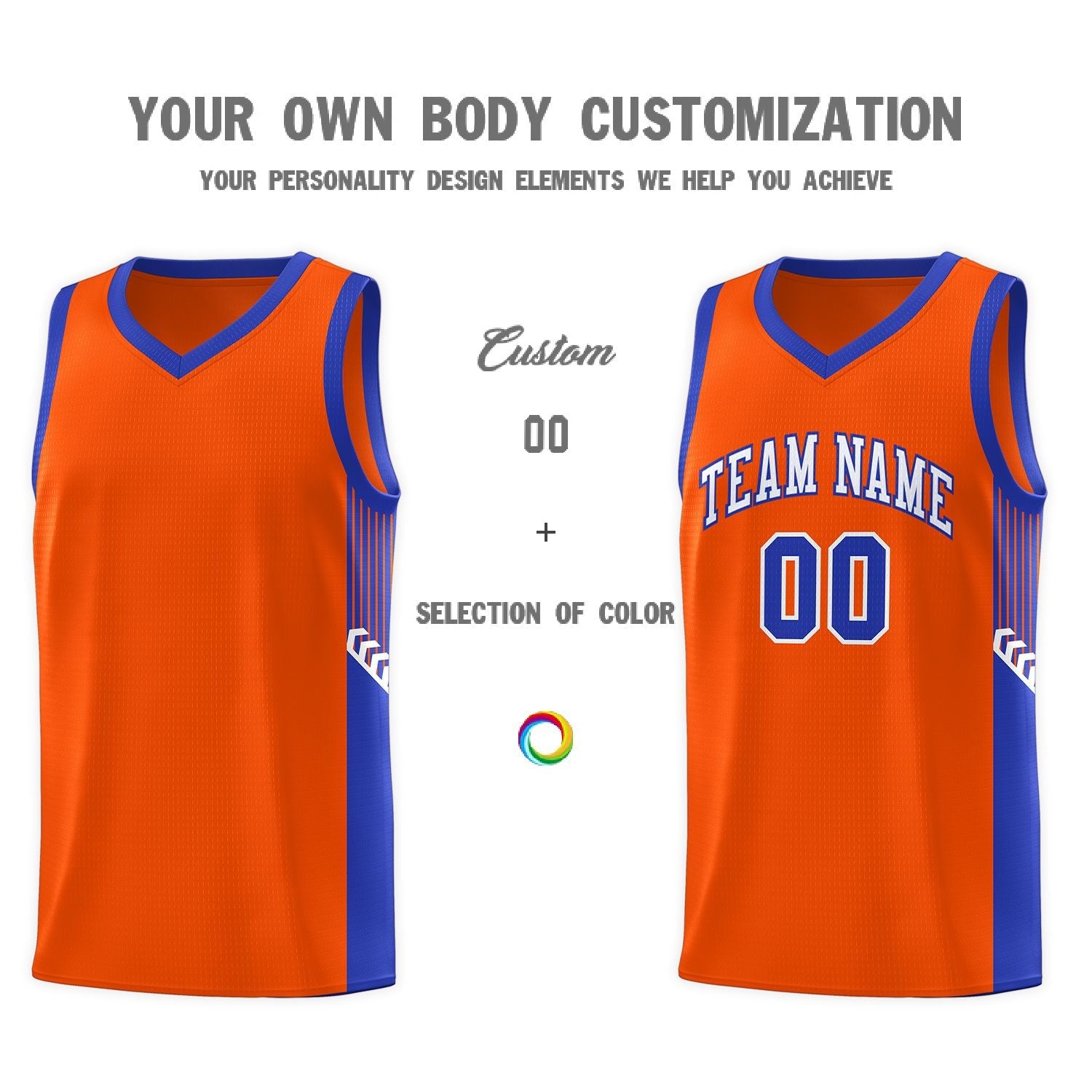 Custom Orange White-Royal Side Stripe Fashion Sports Uniform Basketball Jersey