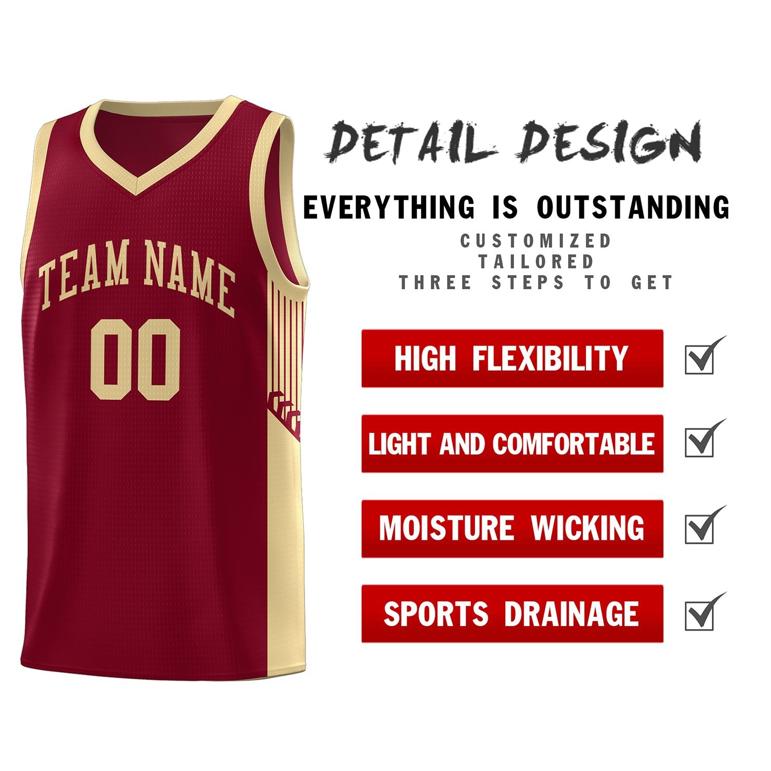 Custom Crimson Khaki Side Stripe Fashion Sports Uniform Basketball Jersey