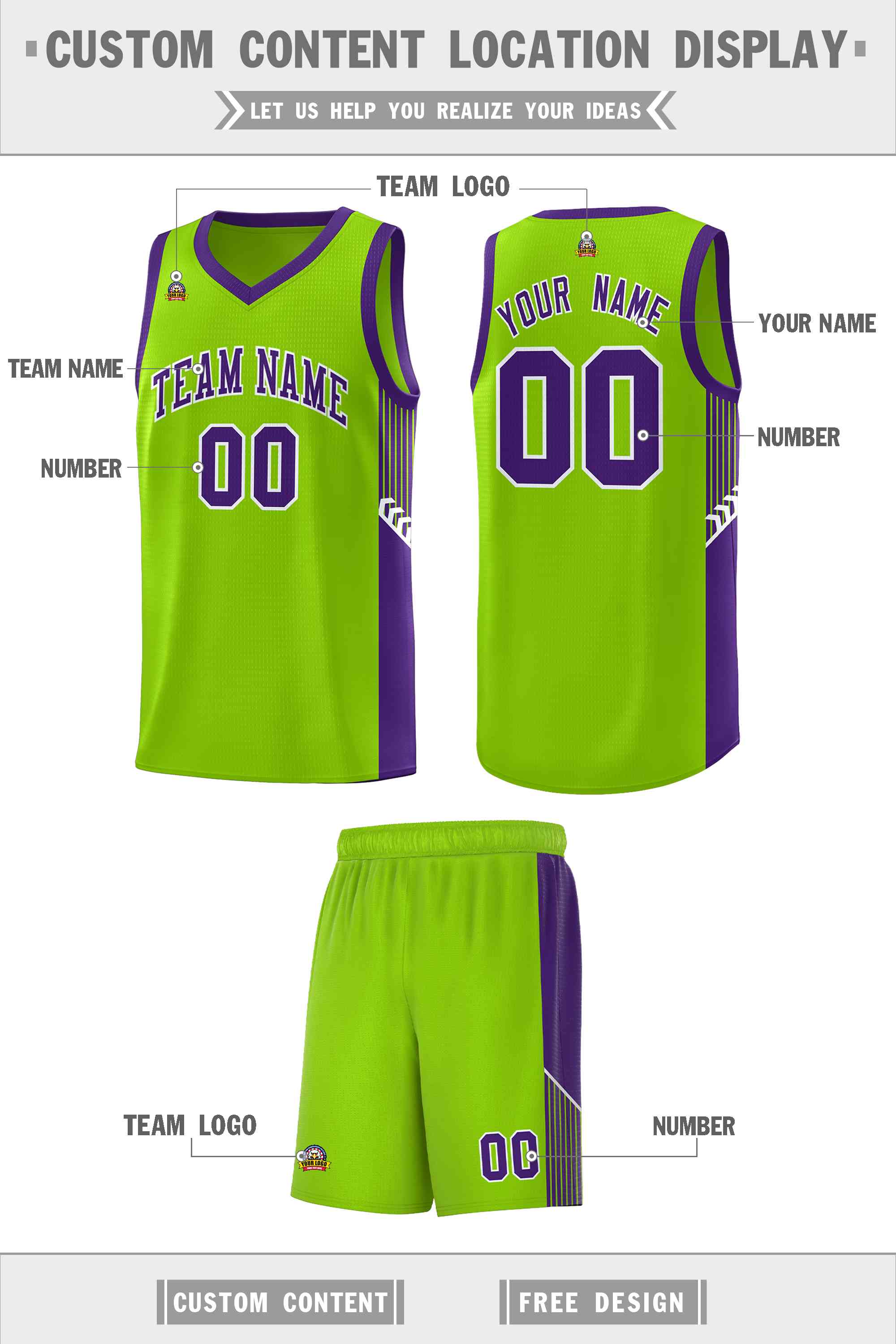 Custom Neon Green Purple-White Side Stripe Fashion Sports Uniform Basketball Jersey