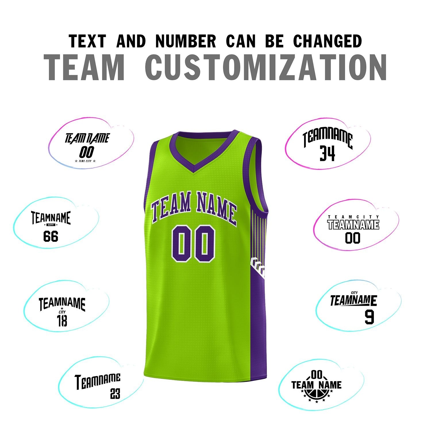 Custom Neon Green Purple-White Side Stripe Fashion Sports Uniform Basketball Jersey