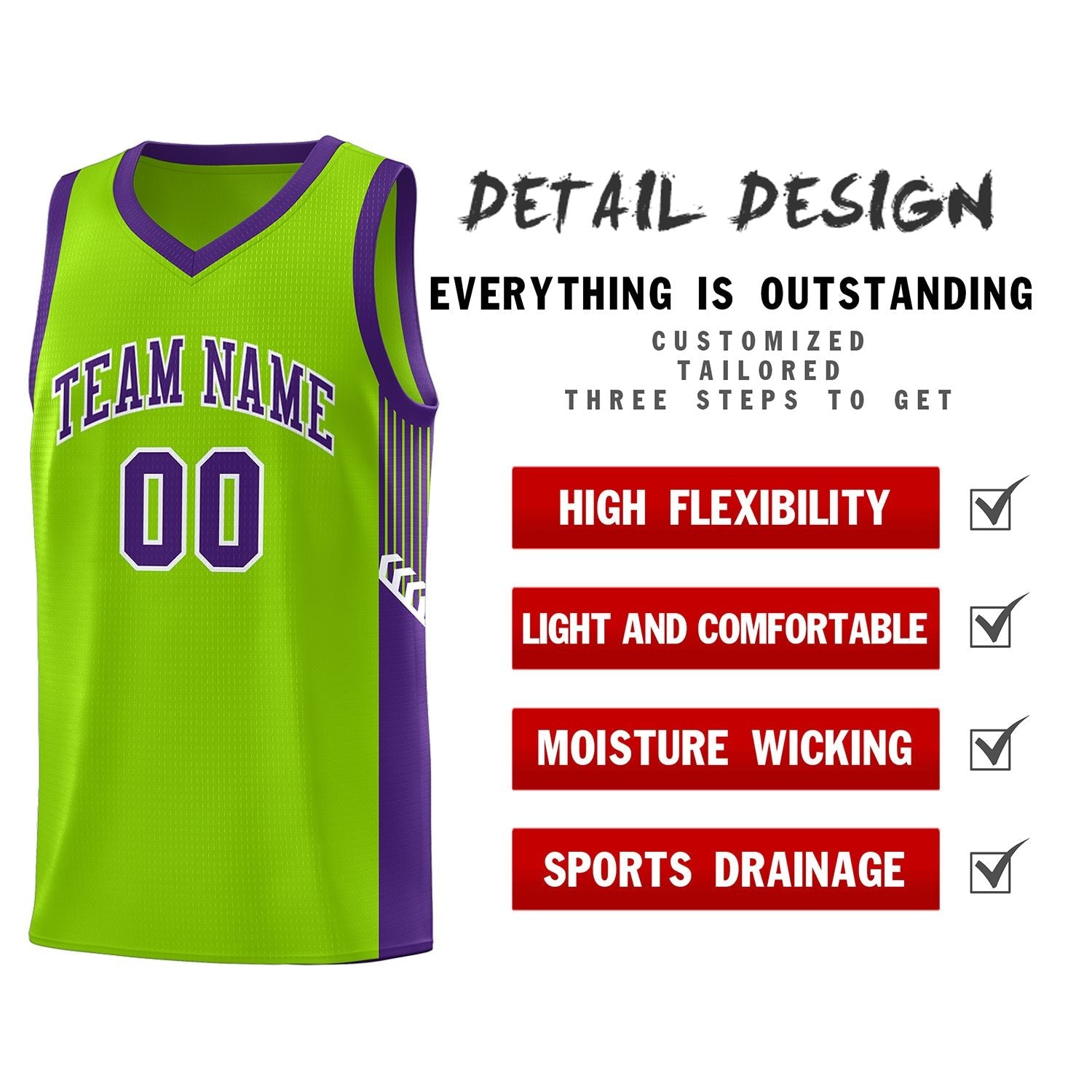 Custom Neon Green Purple-White Side Stripe Fashion Sports Uniform Basketball Jersey