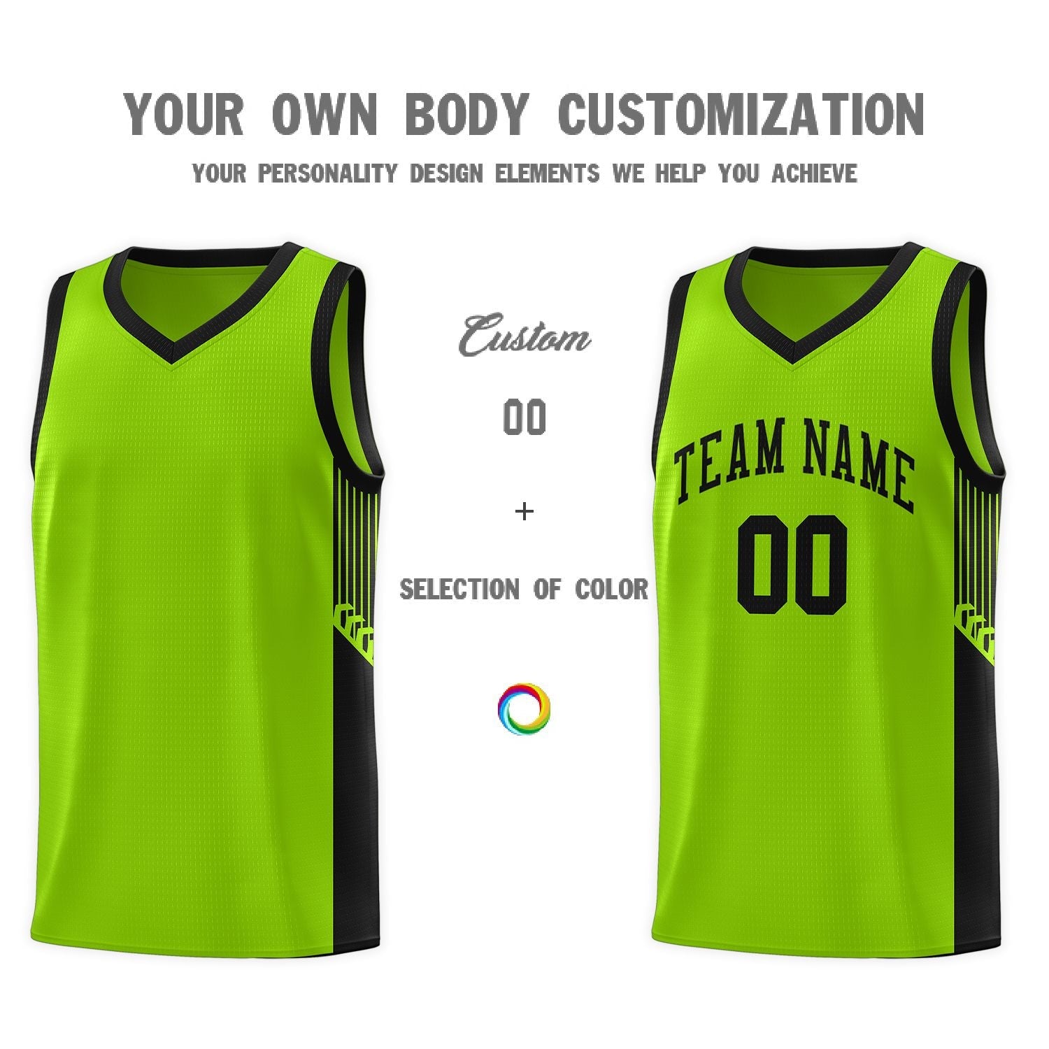 Custom Neon Green Black Side Stripe Fashion Sports Uniform Basketball Jersey