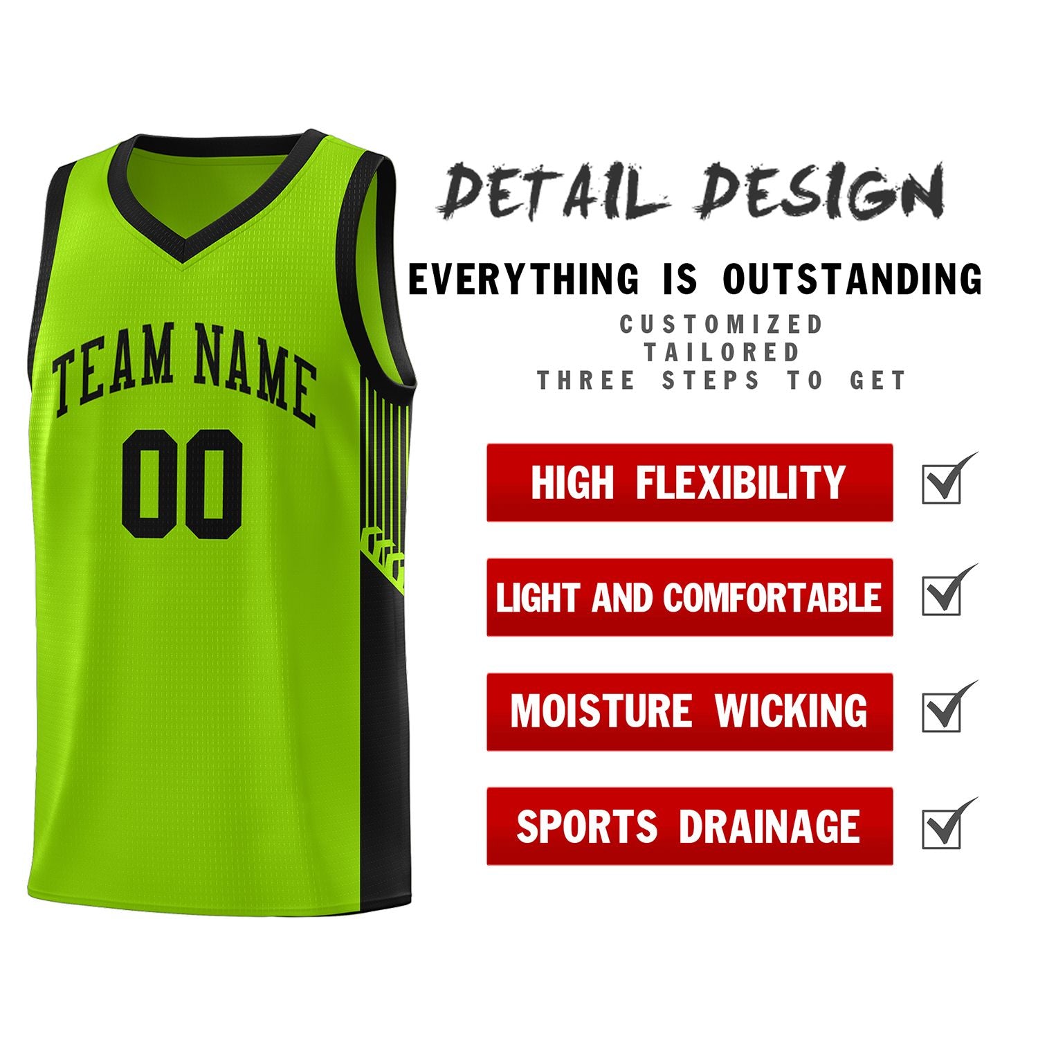 Custom Neon Green Black Side Stripe Fashion Sports Uniform Basketball Jersey