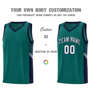 Custom Aqua White-Navy Side Stripe Fashion Sports Uniform Basketball Jersey