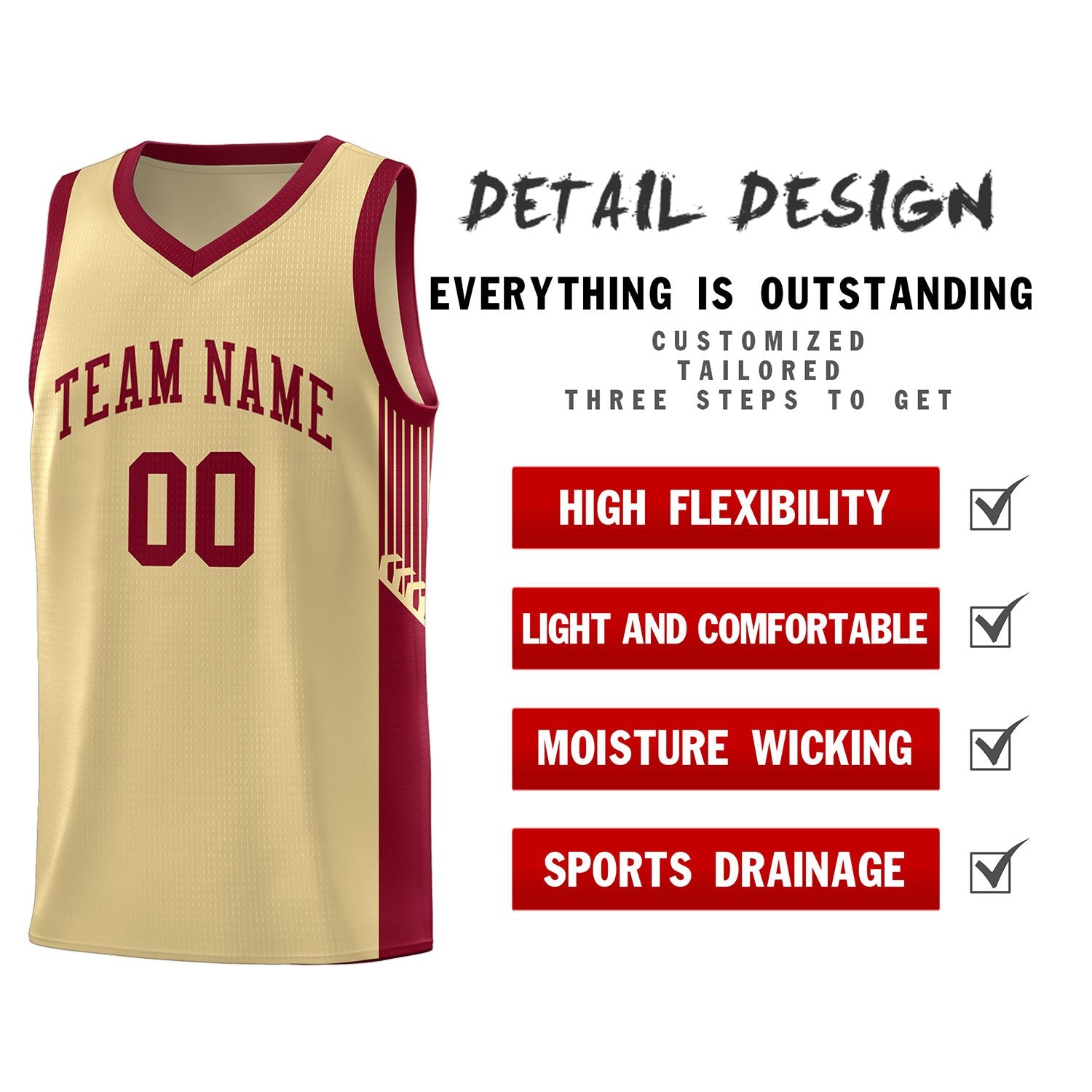 Custom Khaki Crimson Side Stripe Fashion Sports Uniform Basketball Jersey