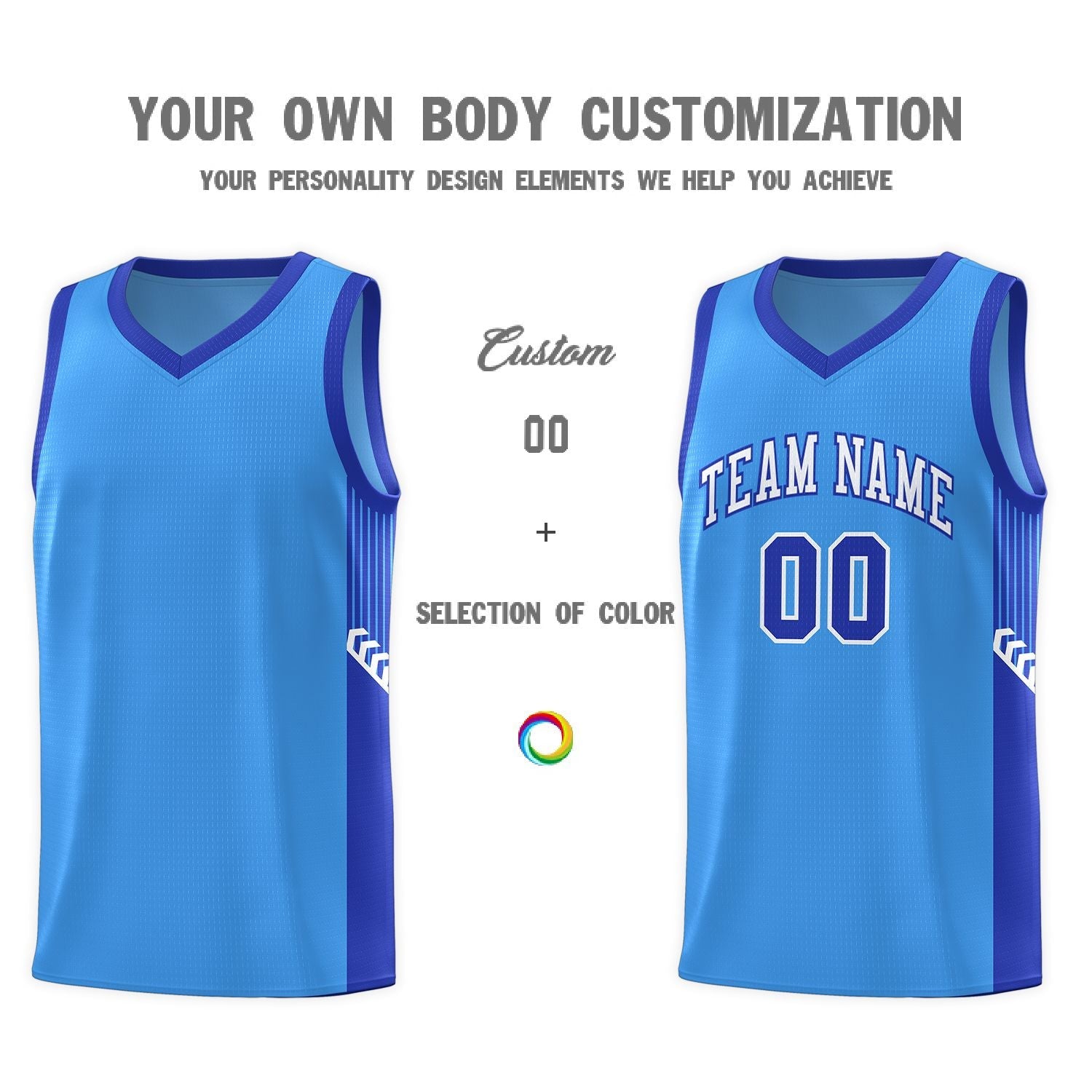 Custom Powder Blue White-Royal Side Stripe Fashion Sports Uniform Basketball Jersey