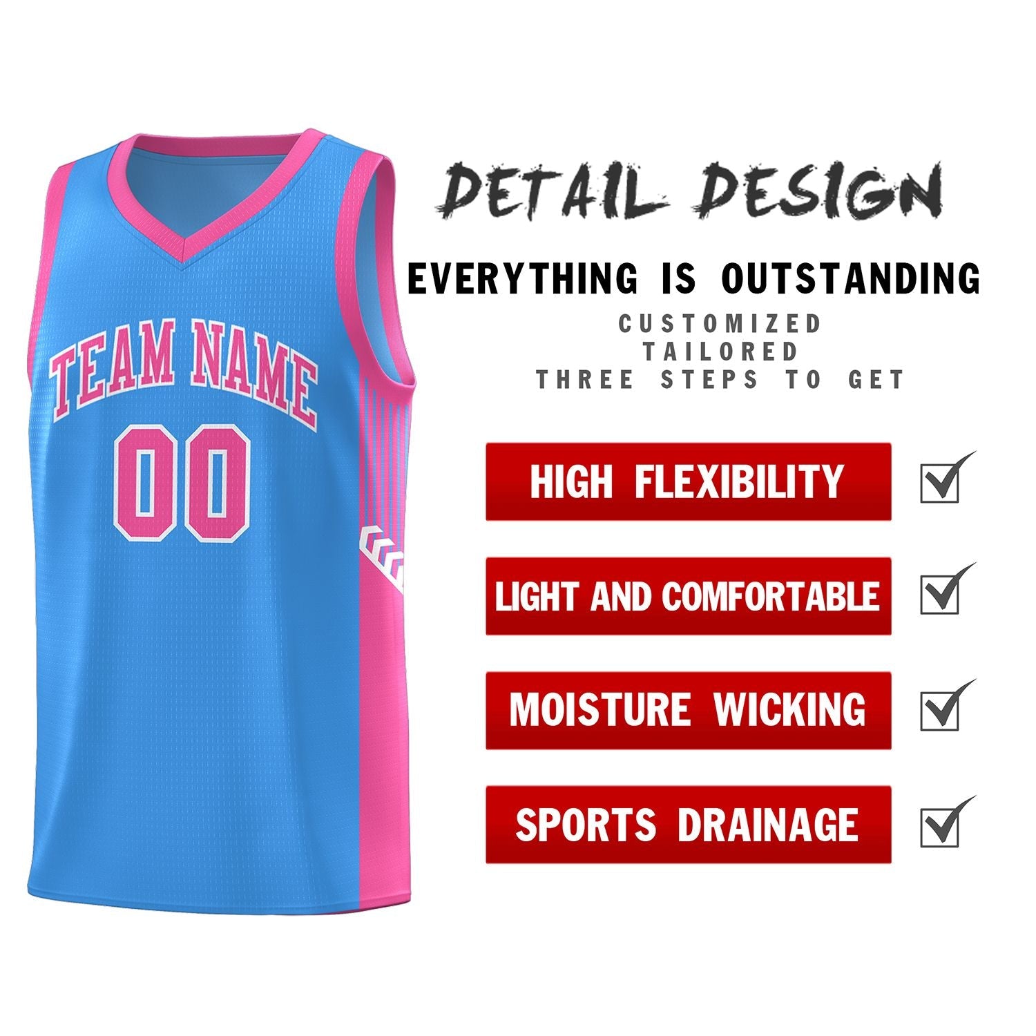 Custom Powder Blue Pink-White Side Stripe Fashion Sports Uniform Basketball Jersey