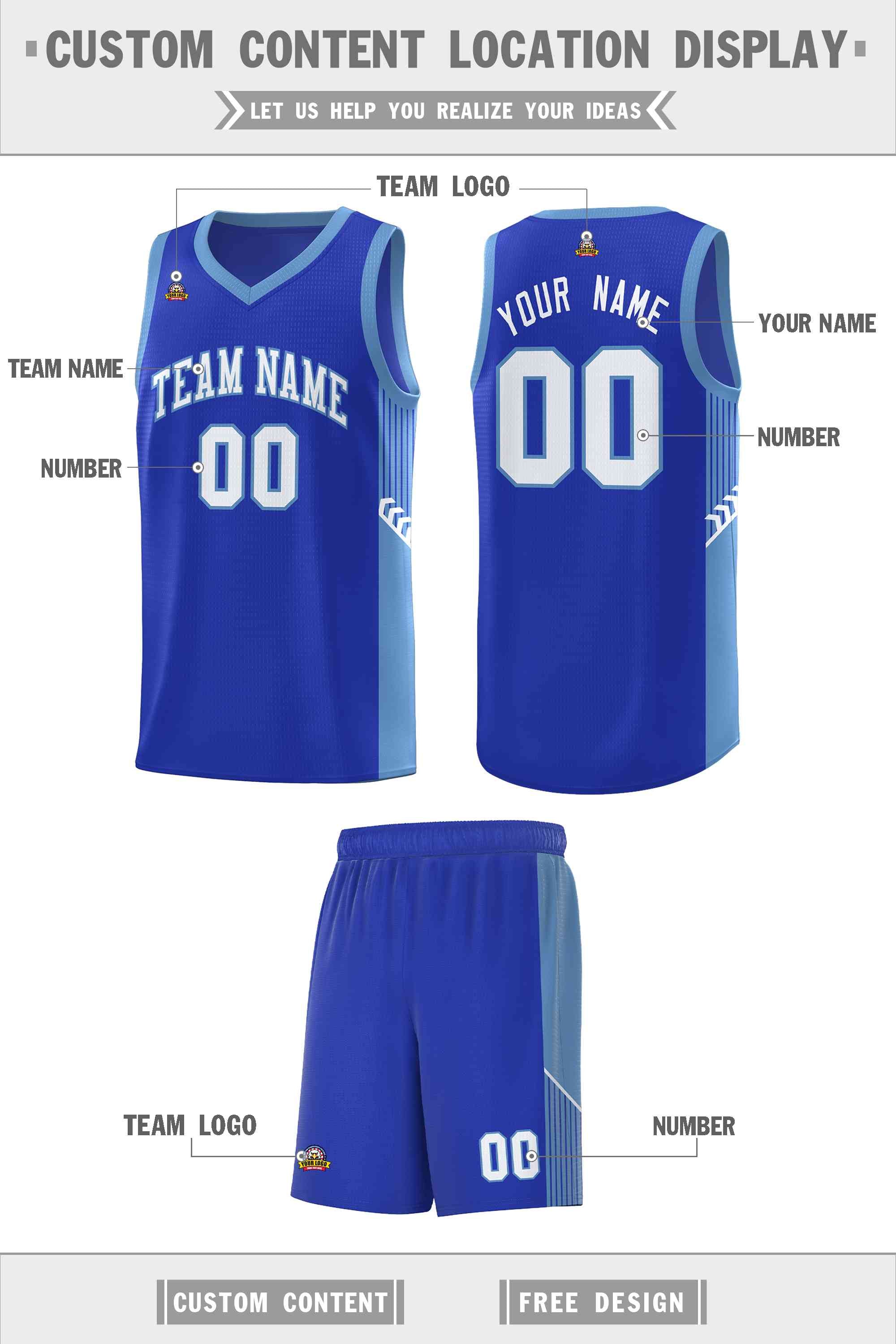 Custom Royal White-Light Blue Side Stripe Fashion Sports Uniform Basketball Jersey