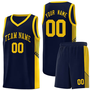 Custom Navy Gold Side Stripe Fashion Sports Uniform Basketball Jersey